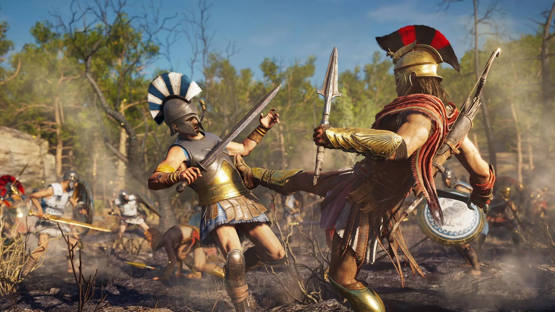 Alexios thực hiện cú đá Sparta vào kẻ thù