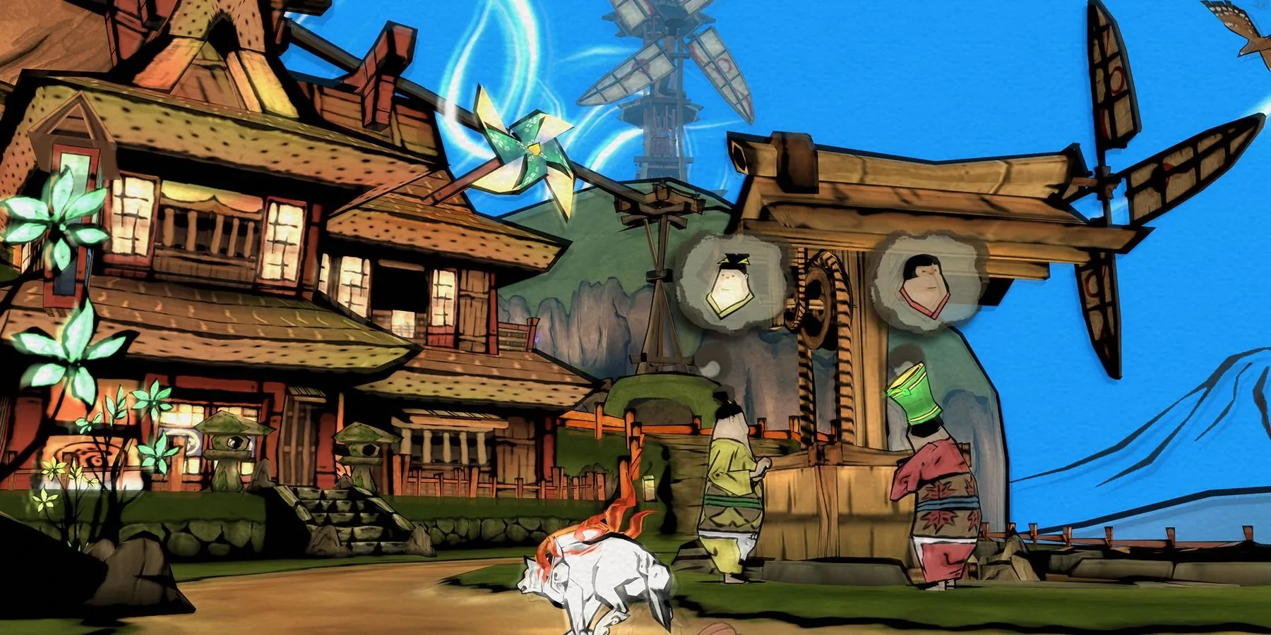 Amaterasu phiêu lưu qua thế giới hùng vĩ trong game Okami, một kiệt tác của Clover Studio.
