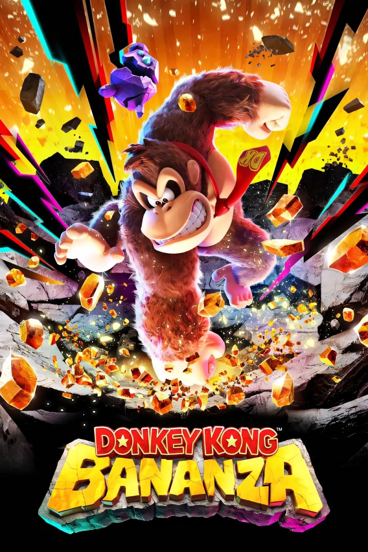 Ảnh bìa game Donkey Kong Bananza hiển thị Donkey Kong và Diddy Kong trong một môi trường đầy màu sắc, thể hiện sự vui nhộn và phiêu lưu của trò chơi trên Nintendo Switch 2.