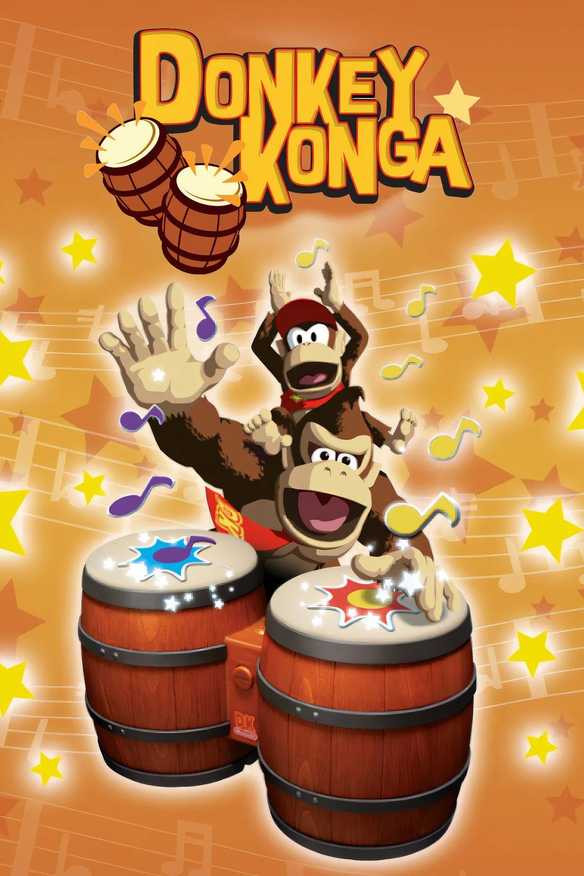 Ảnh bìa game Donkey Konga, thể hiện tay cầm bongo và nhân vật Donkey Kong