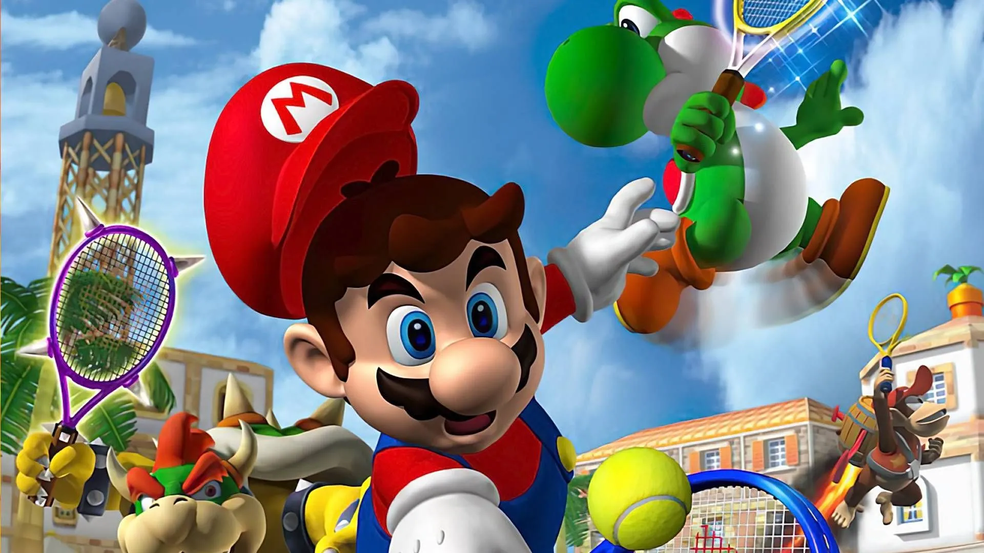 Ảnh bìa game Mario Power Tennis trên GameCube với các nhân vật Bowser, Yoshi và Diddy Kong, minh họa cho tuyển tập game thể thao Mario cổ điển