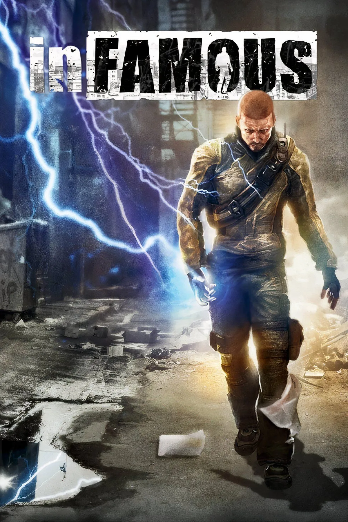 Ảnh bìa series inFAMOUS với Cole McGrath, nhân vật chính sở hữu sức mạnh điện, thể hiện không khí hành động và siêu năng lực.