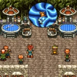 Ảnh chụp màn hình game Chrono Trigger cho thấy các nhân vật 2D đối mặt với cổng không gian màu xanh, liên quan đến tin đồn về bản làm lại.