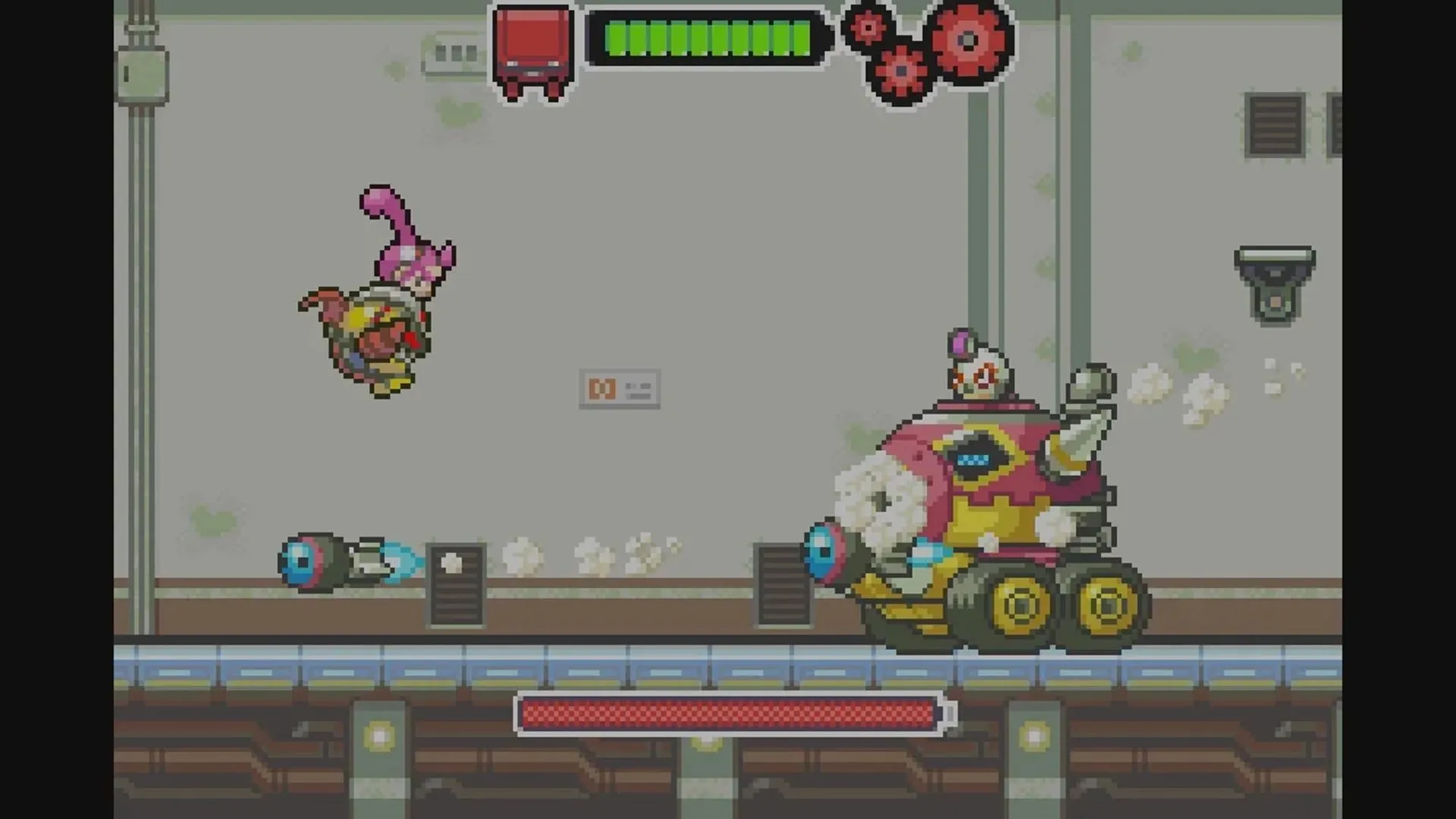 Ảnh chụp màn hình game Drill Dozer với nhân vật Jill sử dụng cỗ máy khoan để đối phó với kẻ địch.