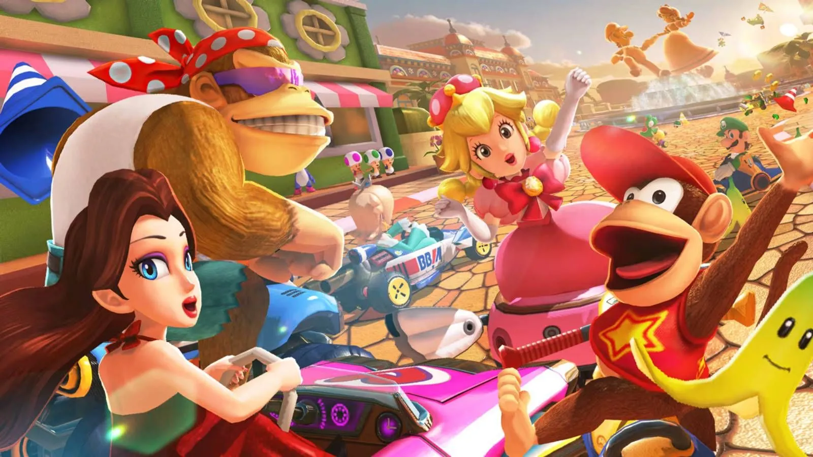 Ảnh chụp màn hình game Mario Kart World với nhiều tay đua đang tranh tài sôi nổi trên đường đua đầy màu sắc.