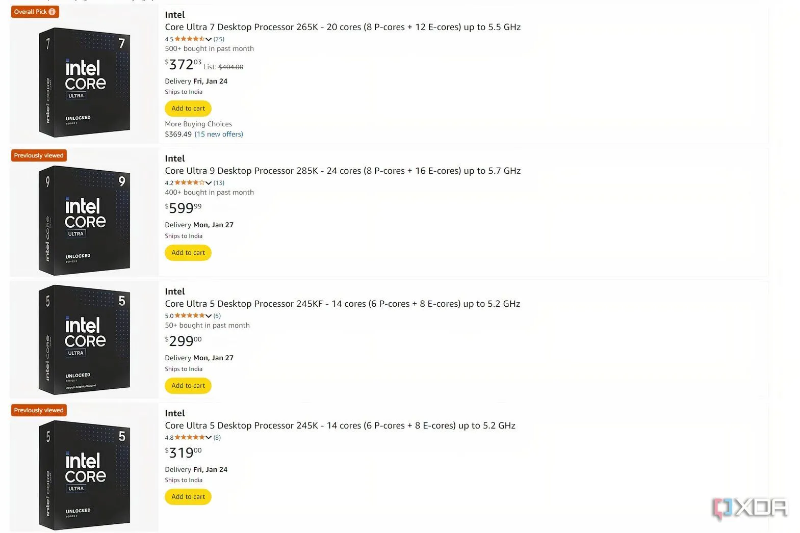Ảnh chụp màn hình thể hiện mức giá cao của các CPU Intel Core Ultra Arrow Lake trên Amazon.