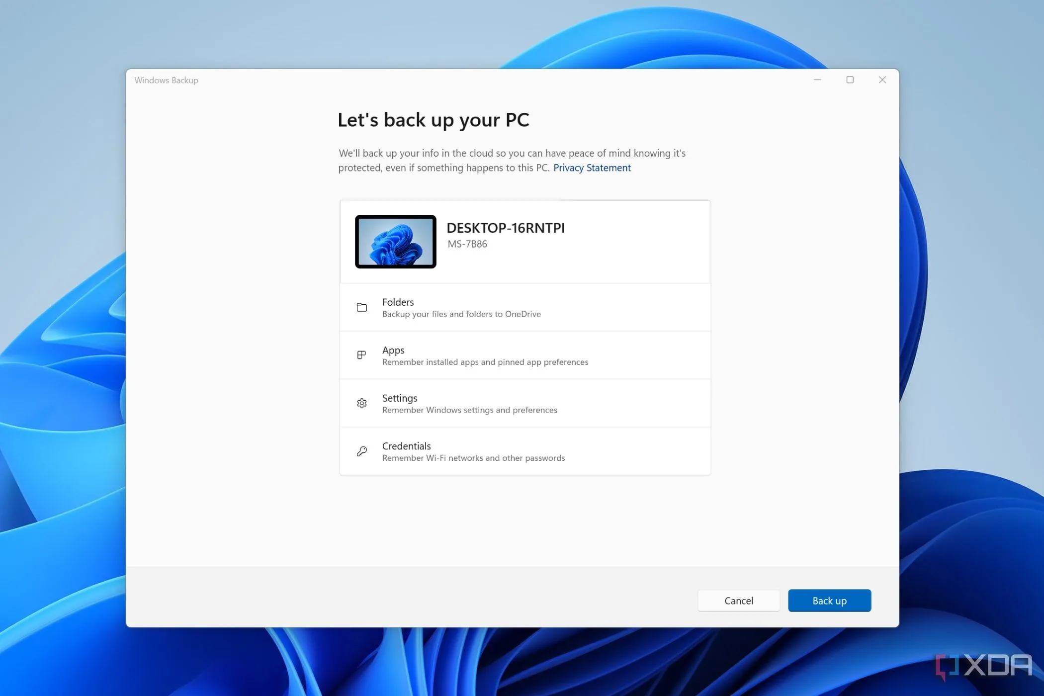 Ảnh chụp màn hình ứng dụng Windows Backup, hiển thị tùy chọn sao lưu dữ liệu quan trọng từ máy tính lên ổ cứng gắn ngoài.