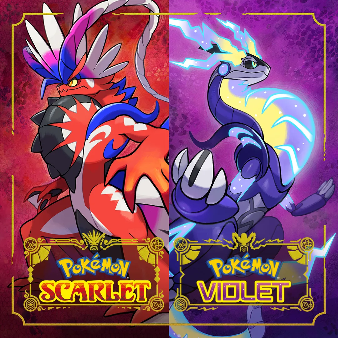 Ảnh sản phẩm Pokémon Scarlet và Violet với Koraidon và Miraidon, thể hiện đồ họa trên Switch 2