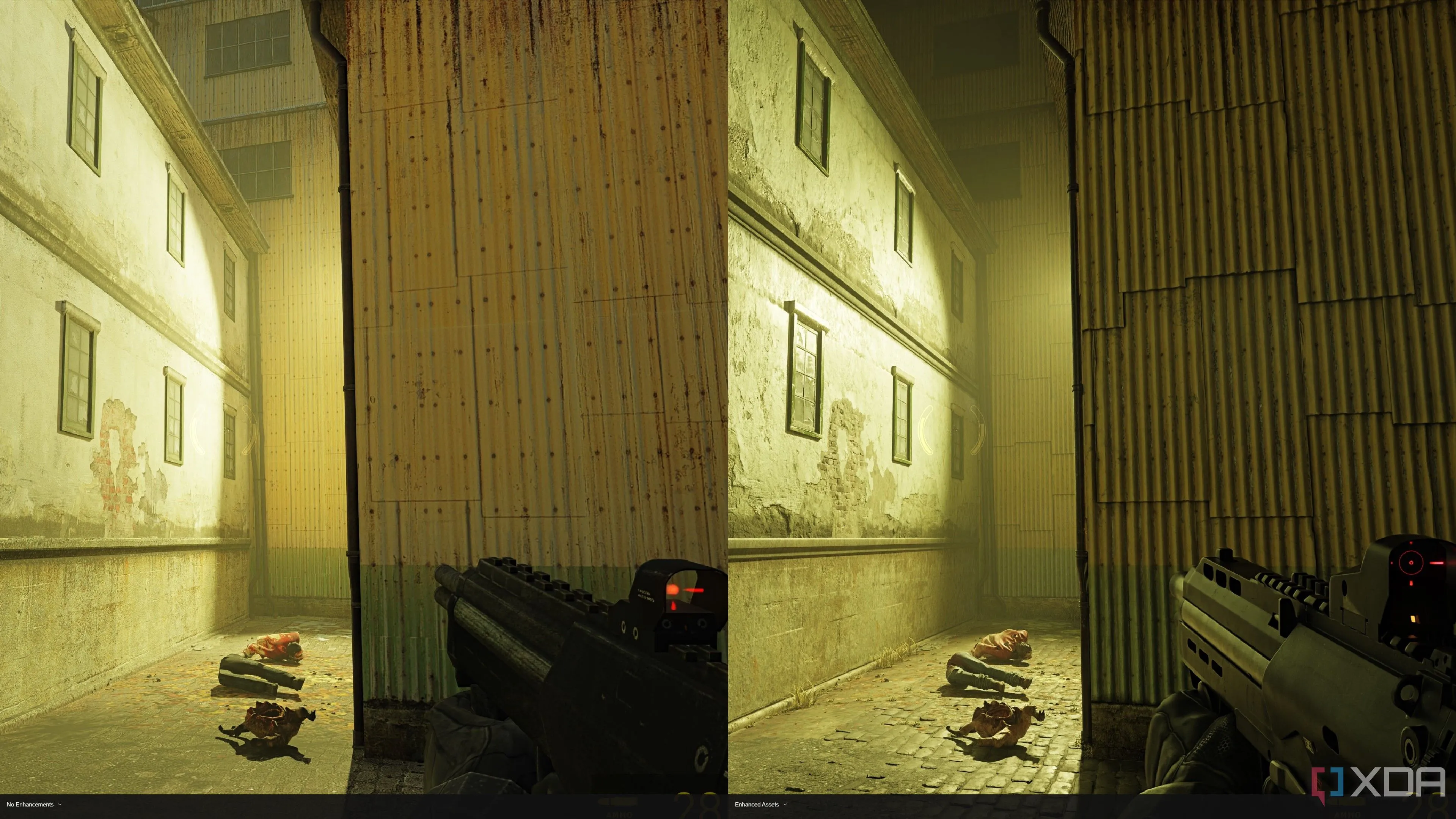 Ảnh so sánh chất lượng tài sản đồ họa (assets) trong Half-Life 2 RTX giữa bản gốc và bản được nâng cấp, làm nổi bật sự khác biệt về độ chi tiết và tương tác ánh sáng.