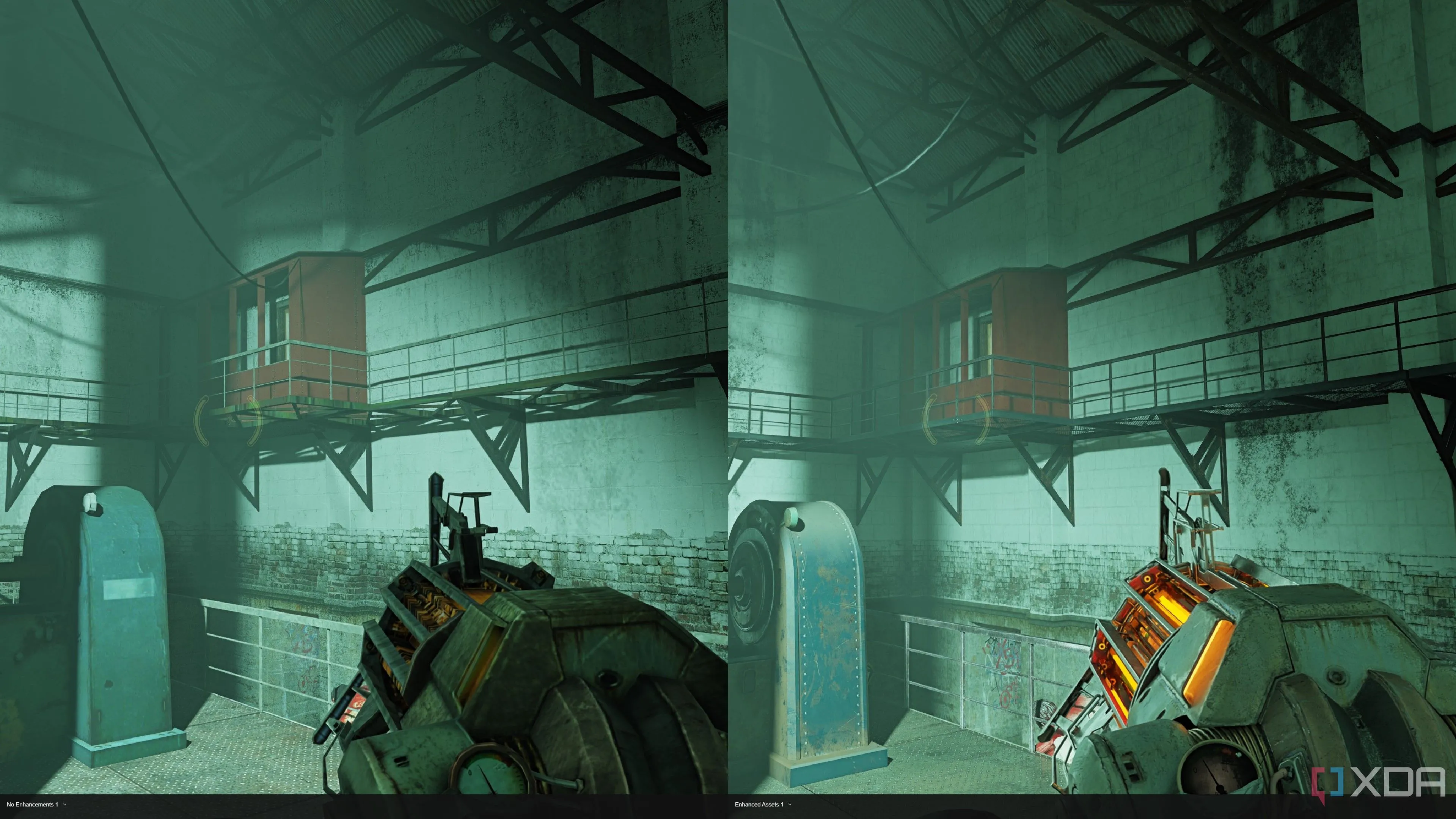 Ảnh so sánh chi tiết tài sản đồ họa trong Half-Life 2 RTX, đặc biệt là khẩu Gravity Gun và cấu trúc sàn lưới, cho thấy sự cải thiện đáng kể về mô hình và cách vật liệu phản ứng với ánh sáng Path Tracing.