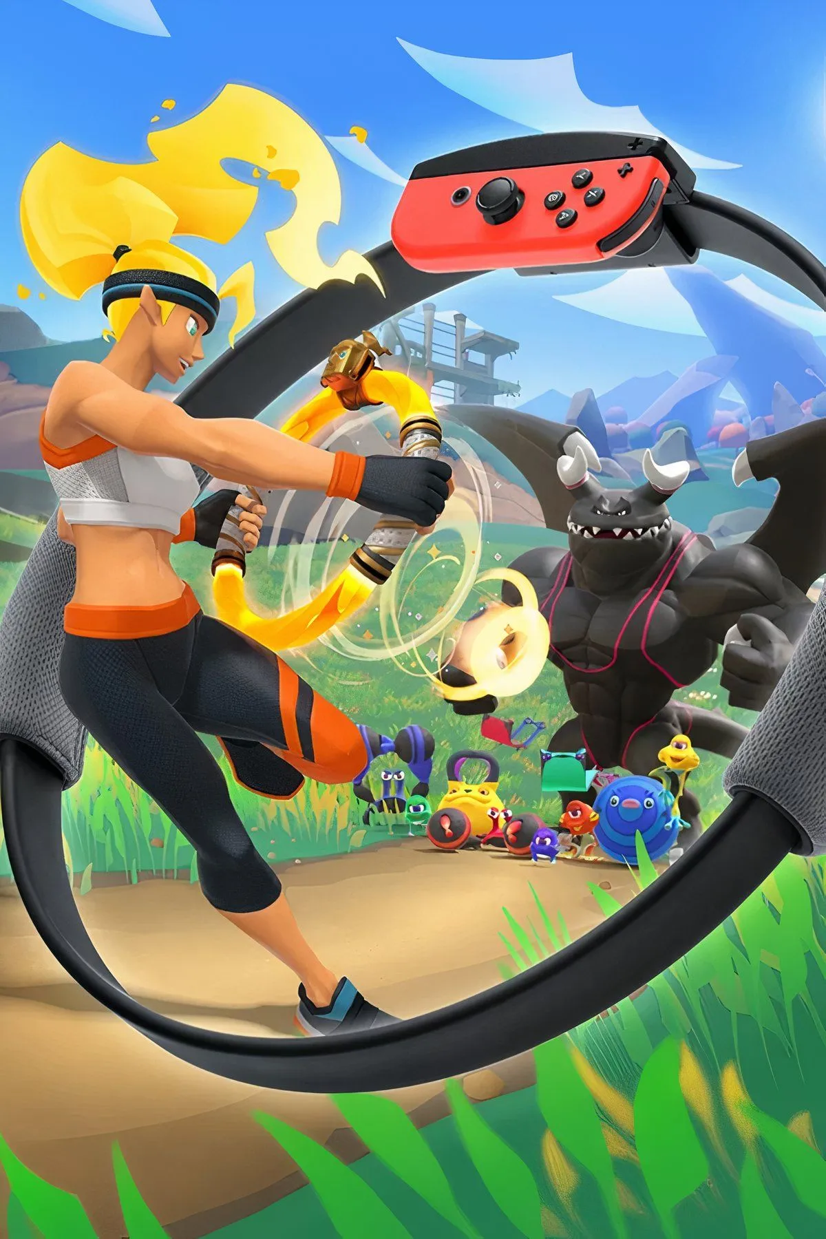 Ảnh tổng hợp giao diện game Ring Fit Adventure và phụ kiện vòng tập