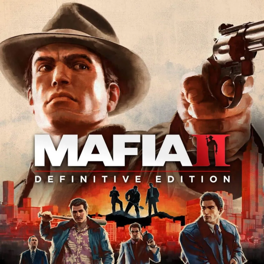 Ảnh trong game Mafia II: Definitive Edition, mô tả bối cảnh thành phố Empire Bay phủ tuyết và nhân vật chính.