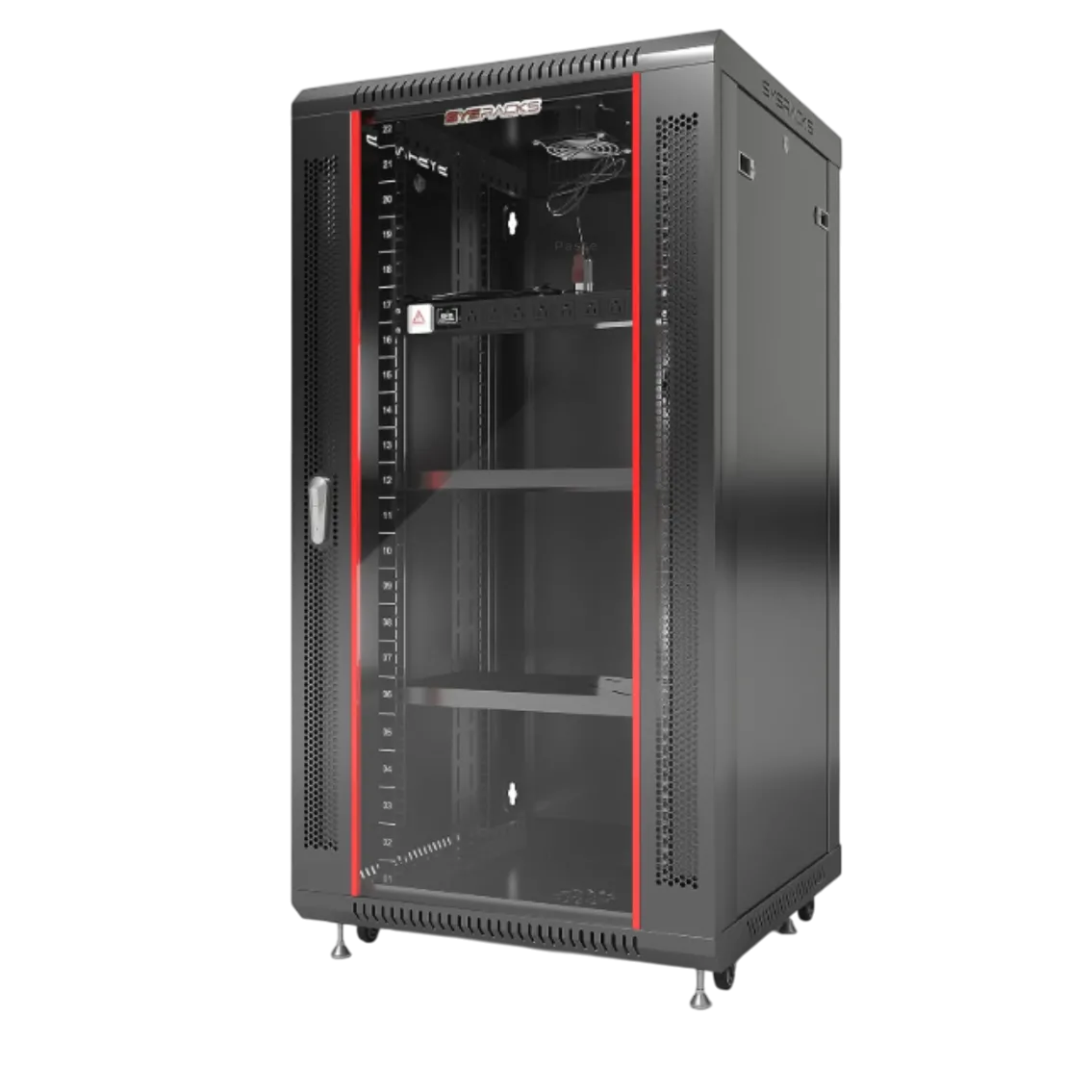 Bản vẽ trong suốt của một tủ rack server, minh họa cấu trúc và không gian bên trong