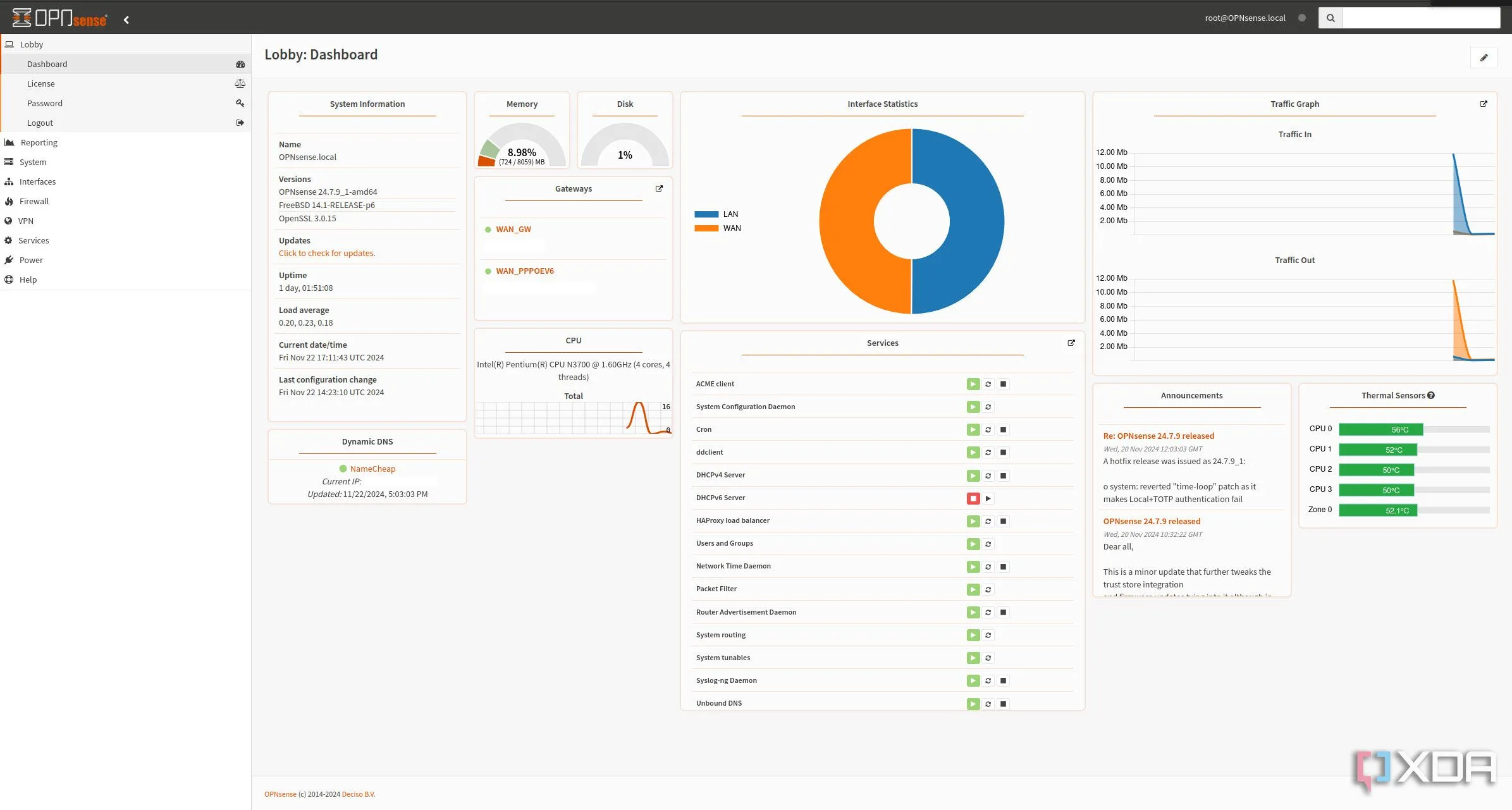 Bảng điều khiển (Dashboard) tổng quan của hệ thống OPNsense