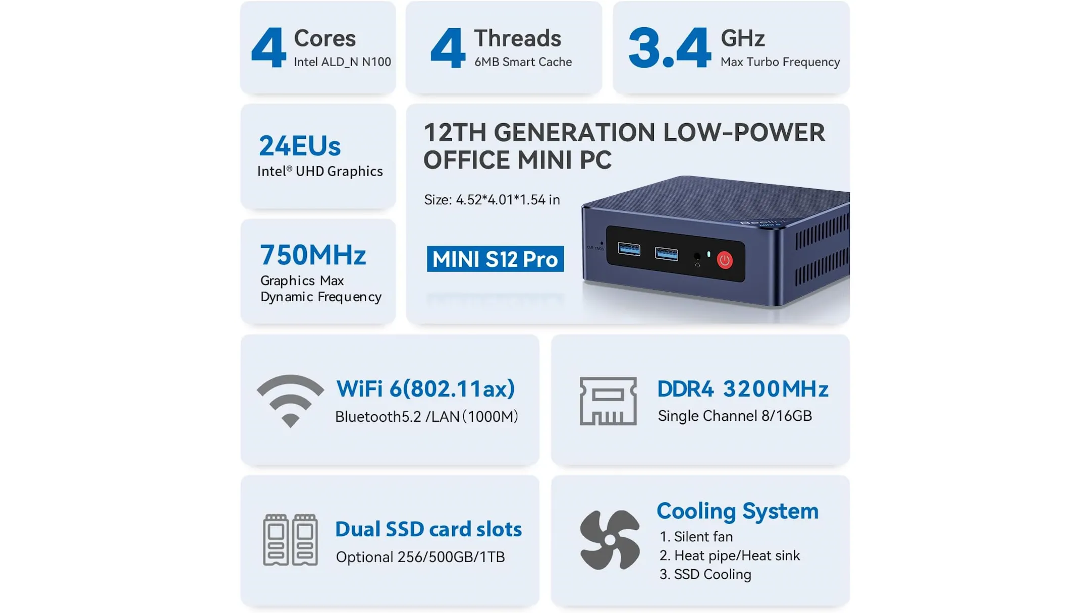Bảng thông số kỹ thuật chi tiết của Beelink Mini S12 Pro Mini PC