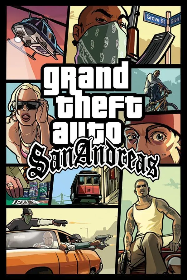 Bìa đĩa game Grand Theft Auto: San Andreas với các nhân vật chính và cảnh game