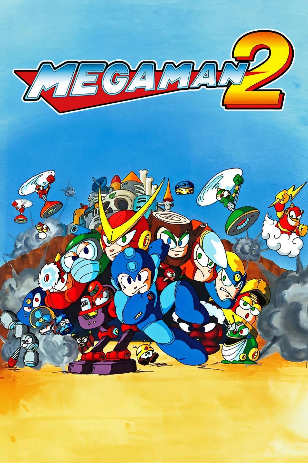 Bìa đĩa game Mega Man 2 với Mega Man đang bắn tia năng lượng.