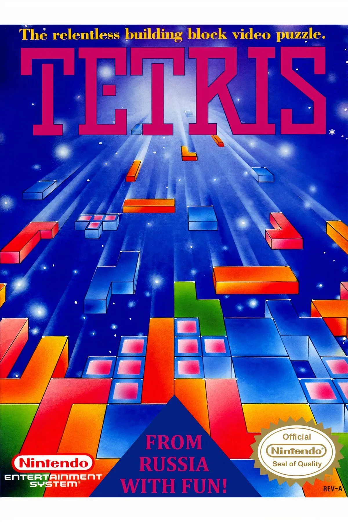 Bìa đĩa game Tetris năm 1989 trên hệ máy NES, với các khối Tetromino nổi.