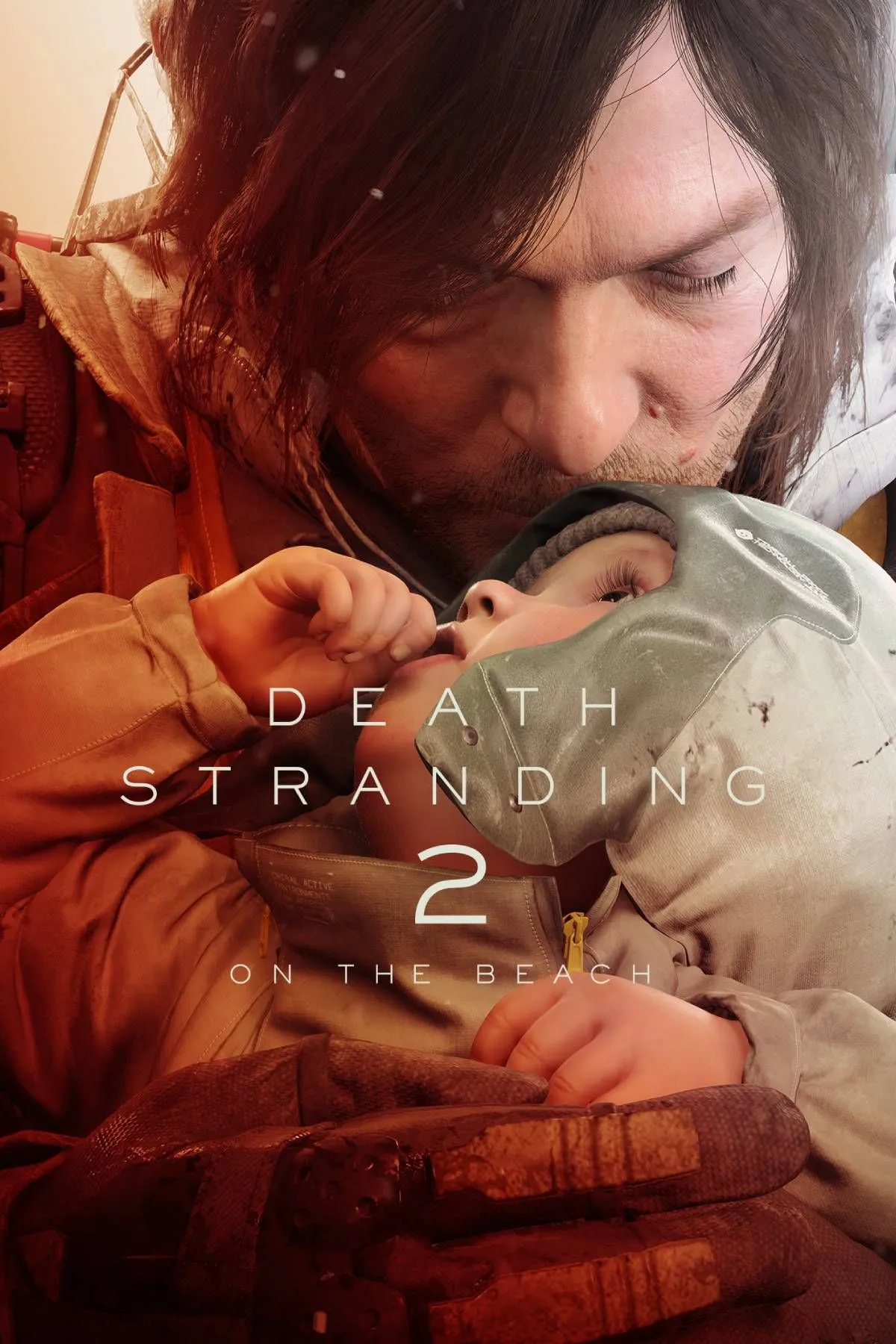 Bìa game Death Stranding 2: On The Beach với nhân vật chính Sam Porter Bridges và hình ảnh biểu tượng của thế giới hậu tận thế.