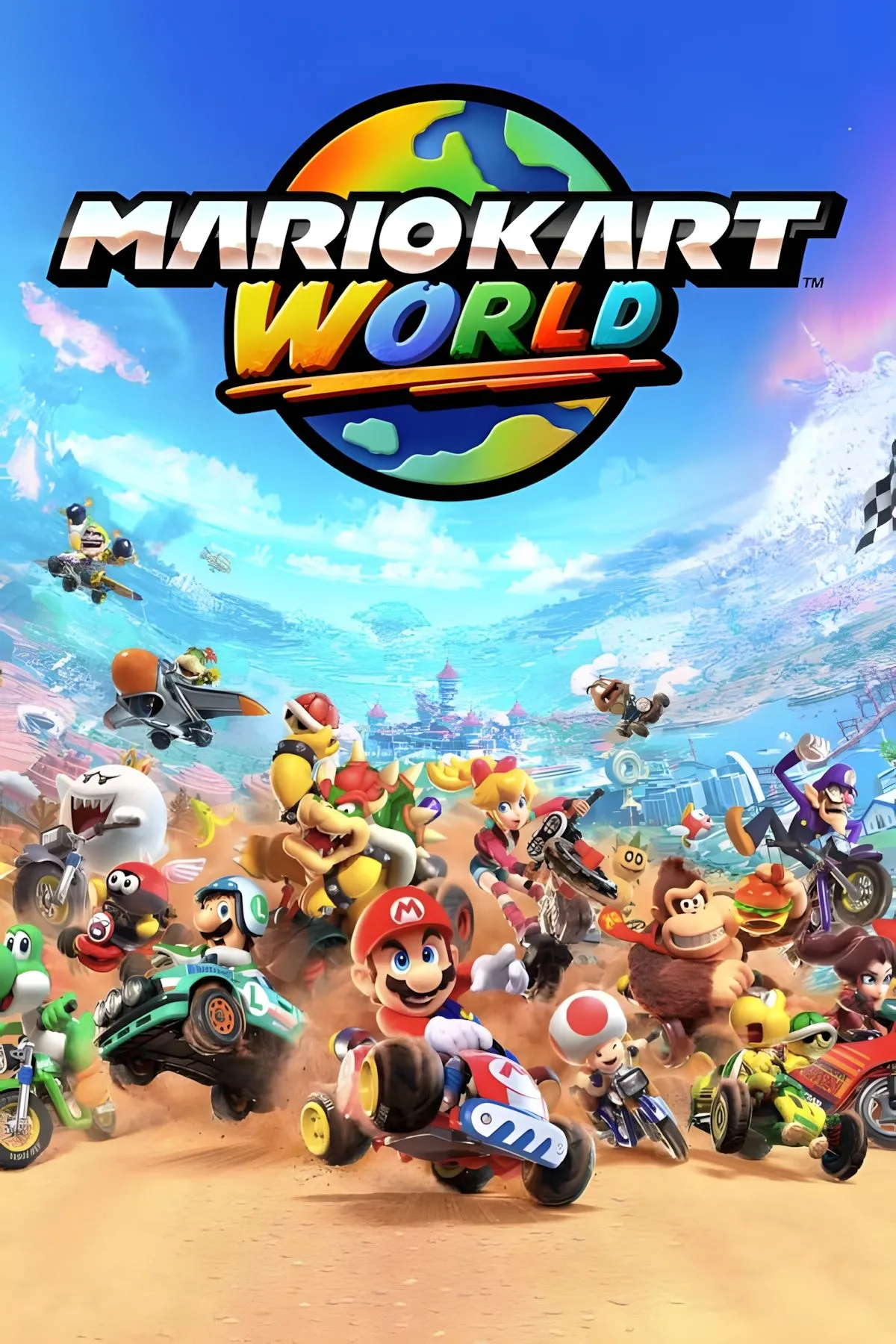 Bìa game Mario Kart World với Mario và các nhân vật đang đua xe trên đường phố sôi động