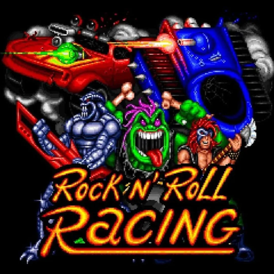 Bìa game Rock n' Roll Racing trên SNES với hình ảnh xe đua và phong cách rock.