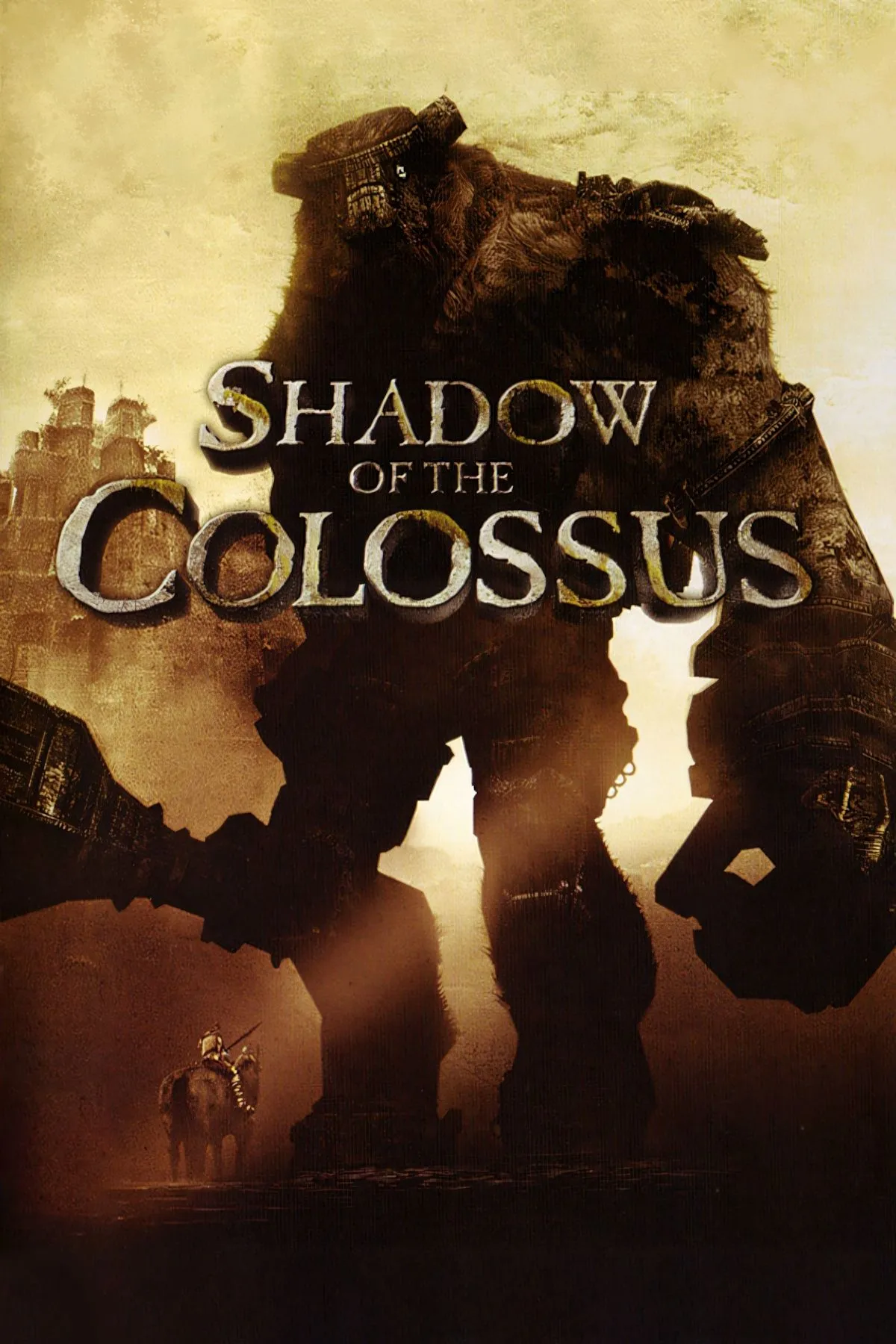 Bìa game Shadow of the Colossus với nhân vật Wander cưỡi ngựa đối mặt với một Colossus khổng lồ.