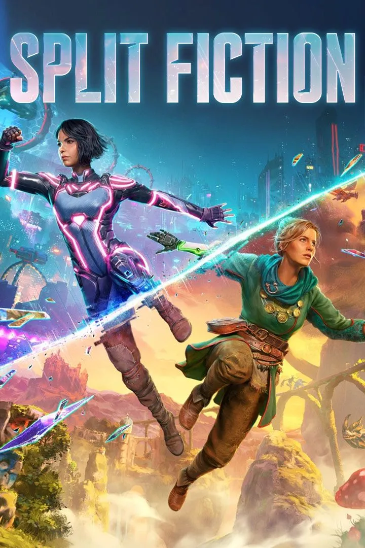 Bìa game Split Fiction, một tựa game co-op sáng tạo từ Hazelight Studios, với hai nhân vật chính trong thế giới giả tưởng.