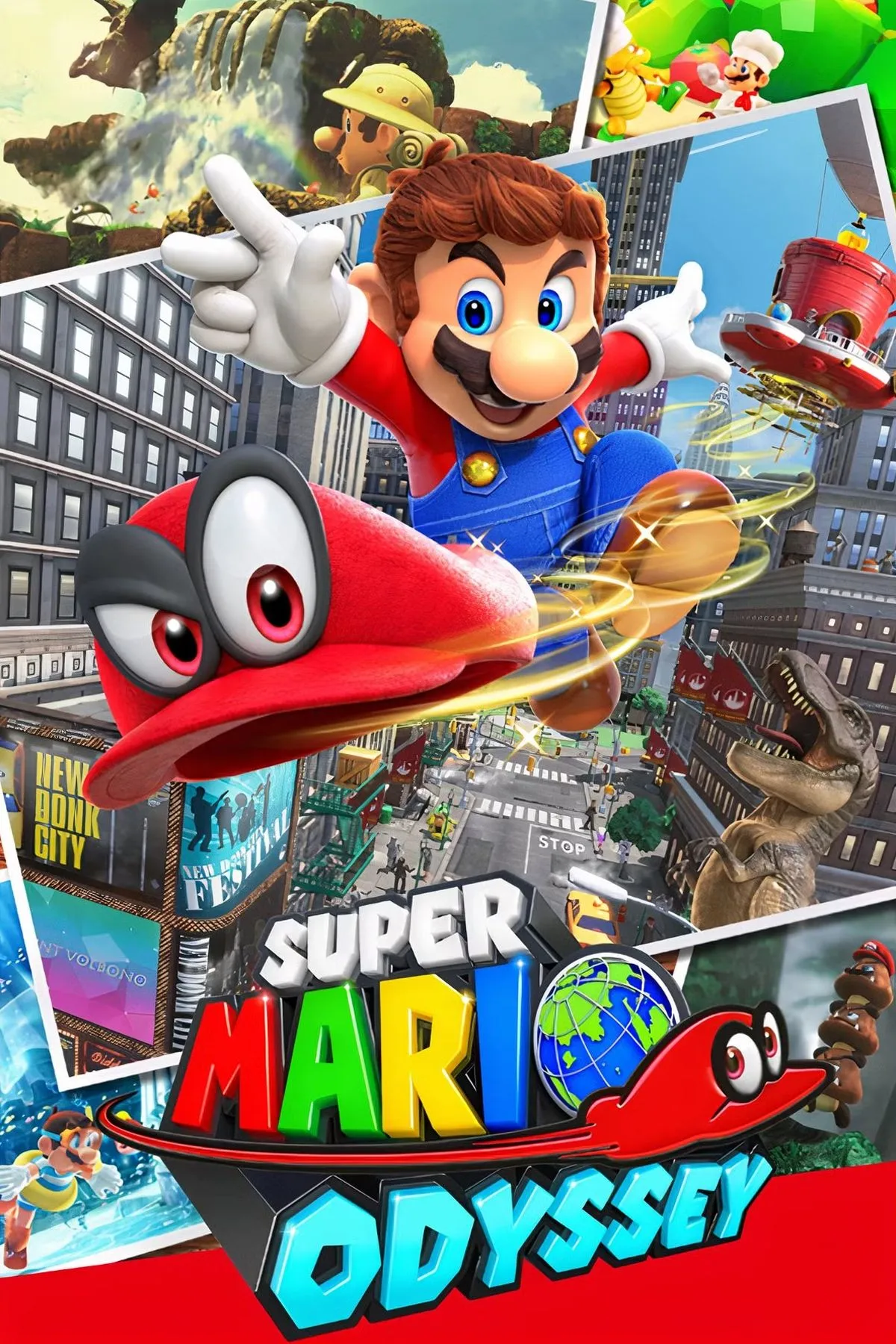 Bìa game Super Mario Odyssey với Mario và Cappy phiêu lưu qua nhiều thế giới