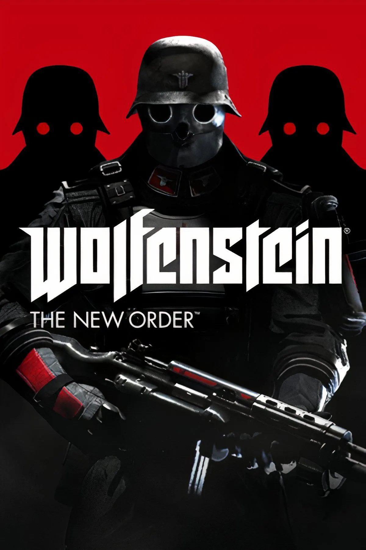 Bìa game Wolfenstein: The New Order, với nhân vật chính BJ Blazkowicz đối đầu với quân Đức Quốc xã trong một thế giới giả tưởng.