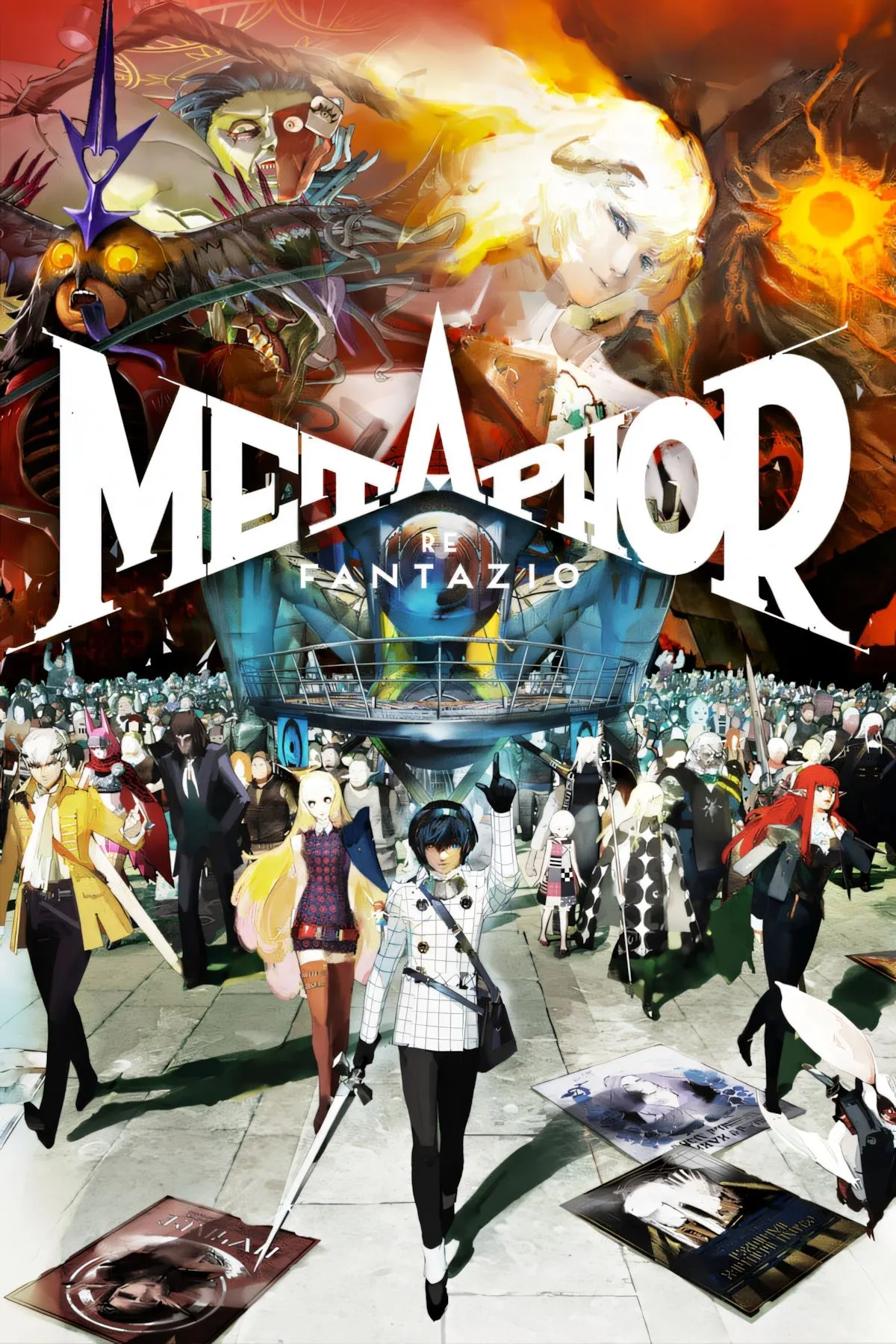 Bìa nghệ thuật game Metaphor: ReFantazio với các nhân vật chính trong một thế giới giả tưởng đầy màu sắc.