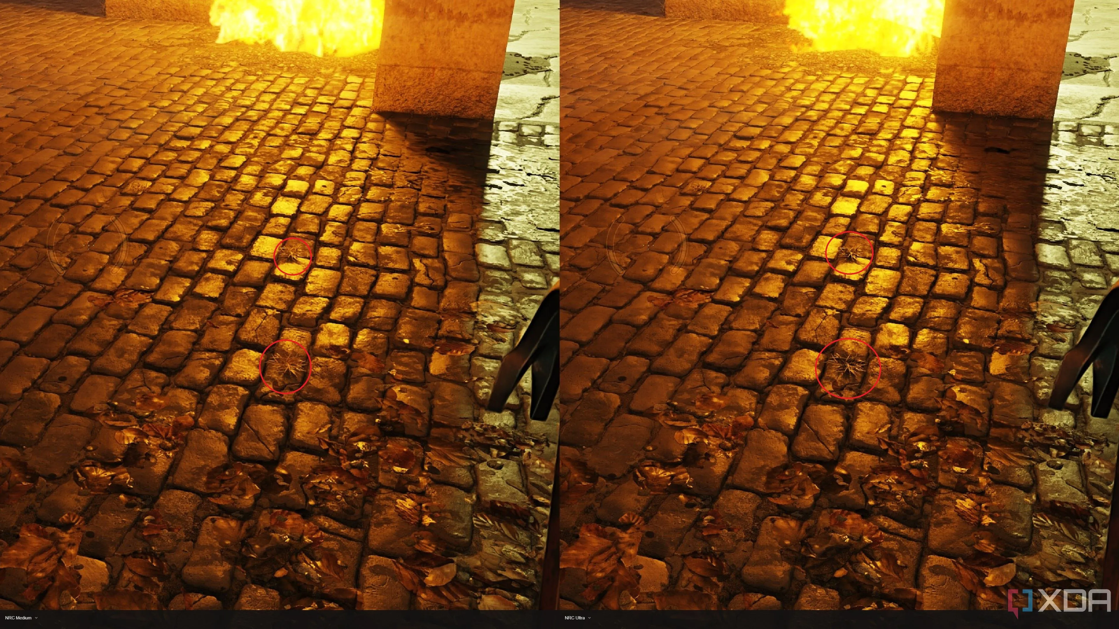 Biểu đồ so sánh tác động của Neural Radiance Cache (NRC) trên các cài đặt đồ họa khác nhau trong Half-Life 2 RTX, minh họa khả năng tái tạo bóng đổ phức tạp và ánh sáng gián tiếp.