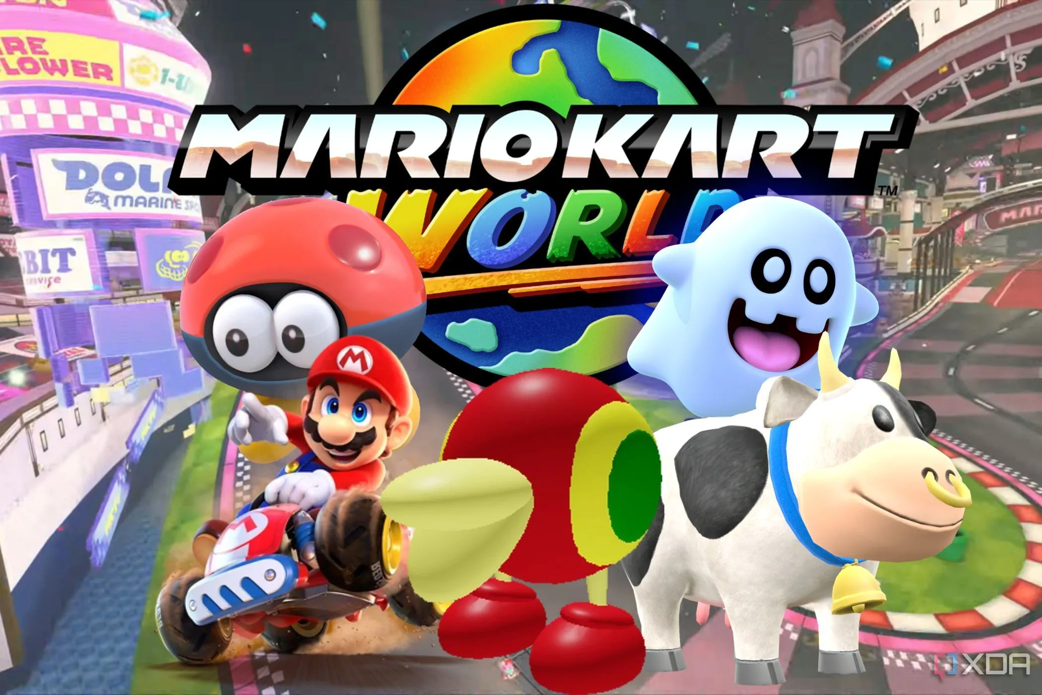 Biểu tượng Mario Kart World với các nhân vật đặc trưng, nhấn mạnh thương hiệu.