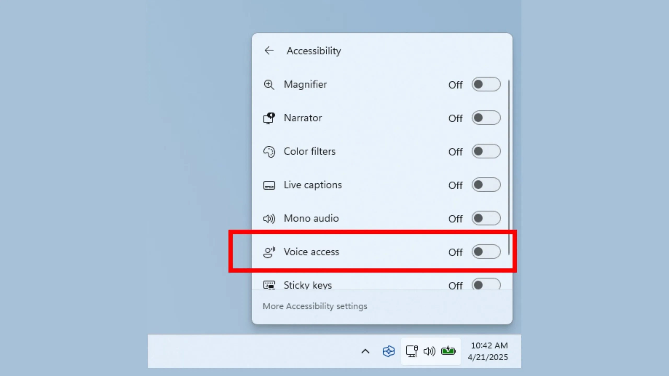 Biểu tượng Voice Access trong bảng Quick Actions của Windows 11