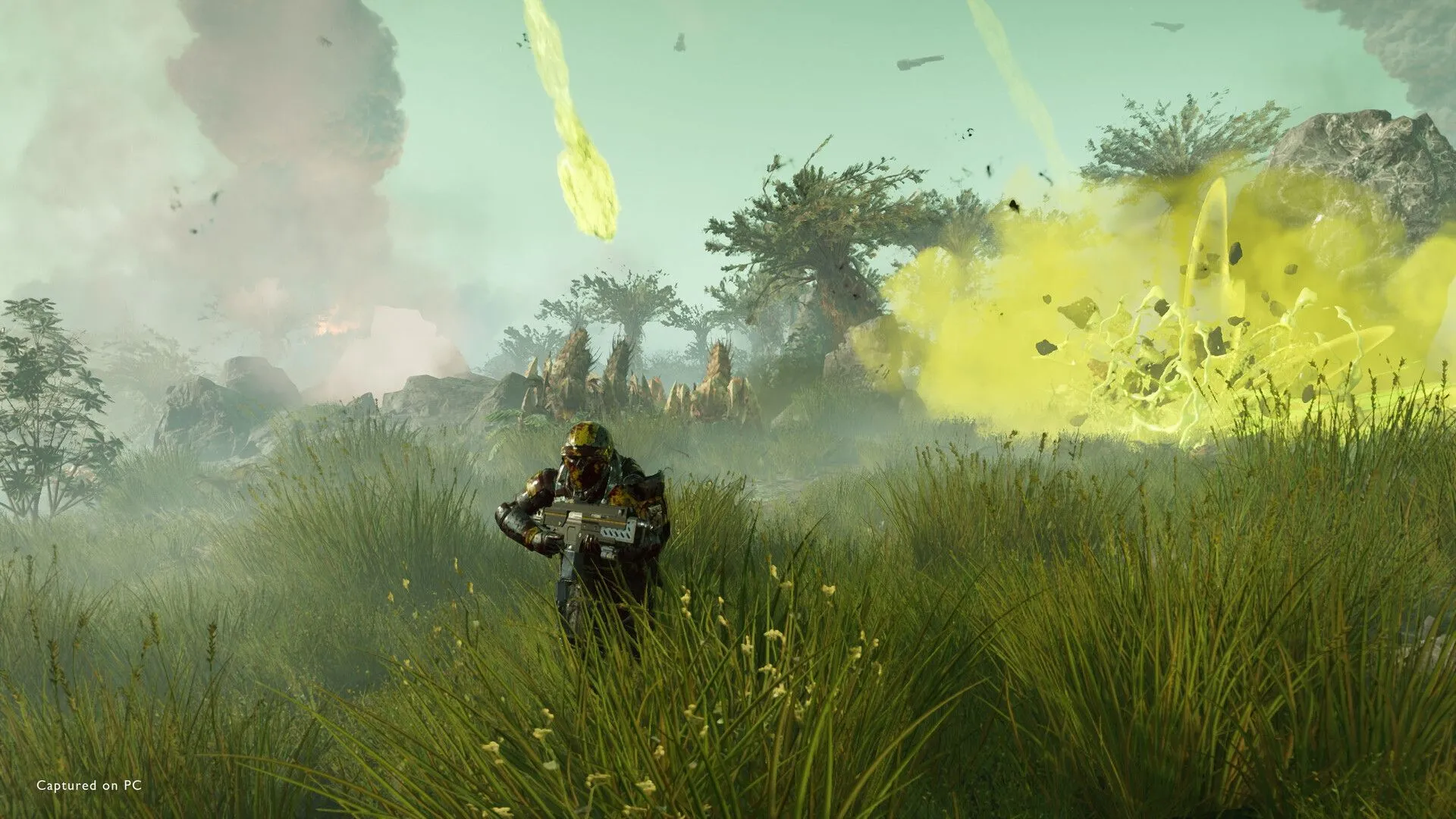 Các Helldivers di chuyển nhanh trên cánh đồng cỏ rộng lớn, chuẩn bị cho trận chiến
