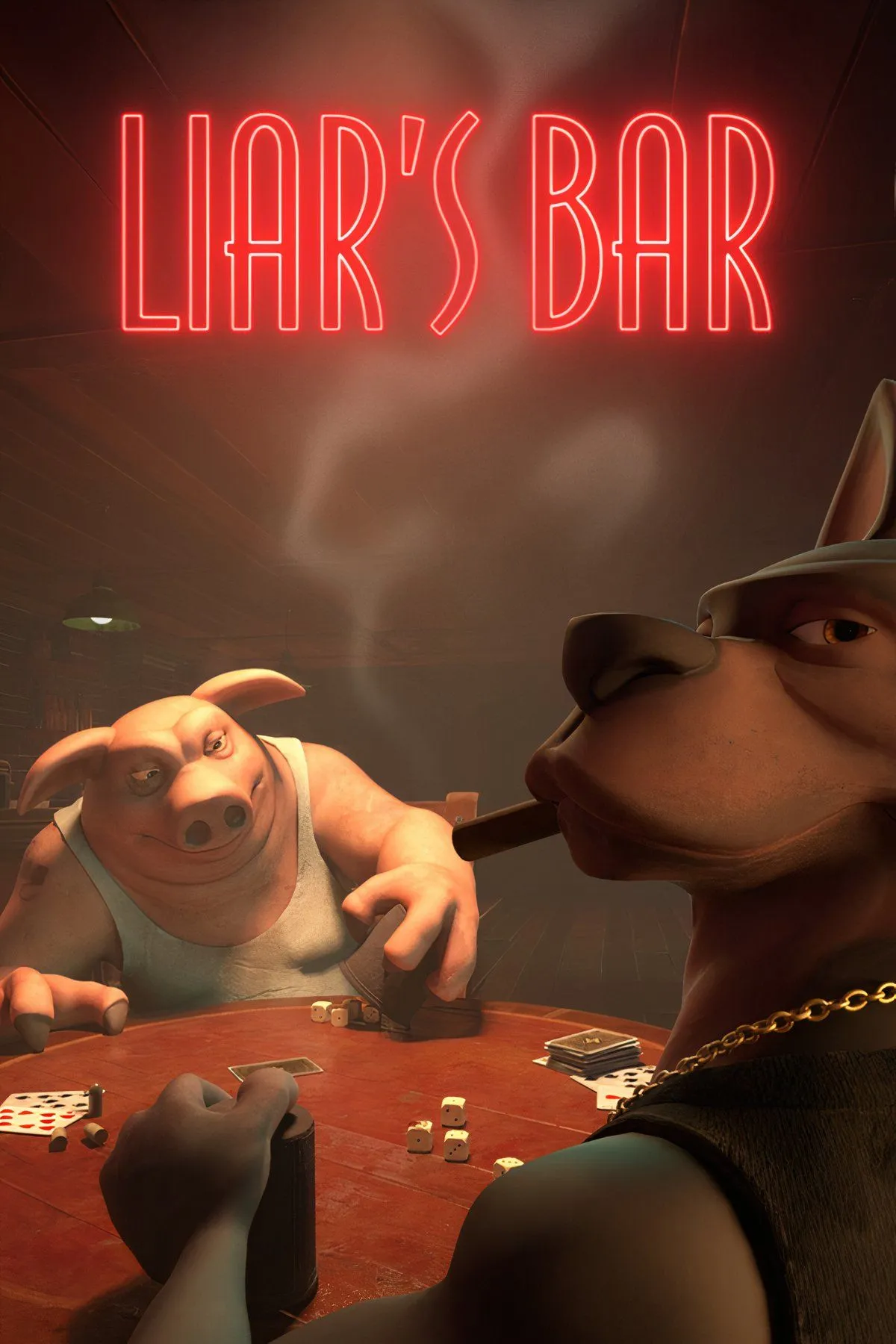 Các nhân vật hoạt hình antropomorphic ngồi trong quán bar chơi Liar's Dice