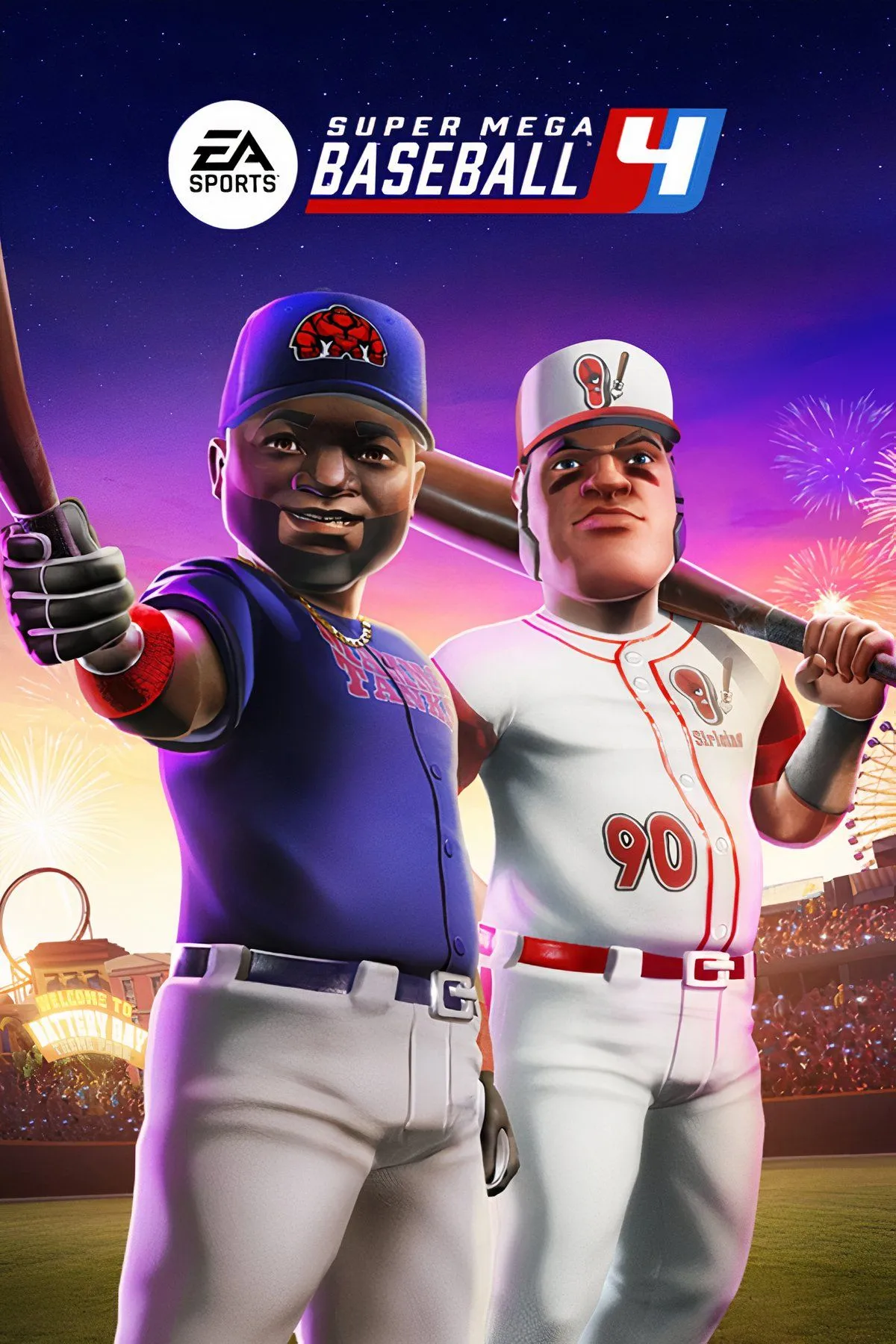 Các nhân vật phong cách hoạt hình trong game Super Mega Baseball 4 đang chơi bóng chày, thể hiện lối chơi arcade vui nhộn.