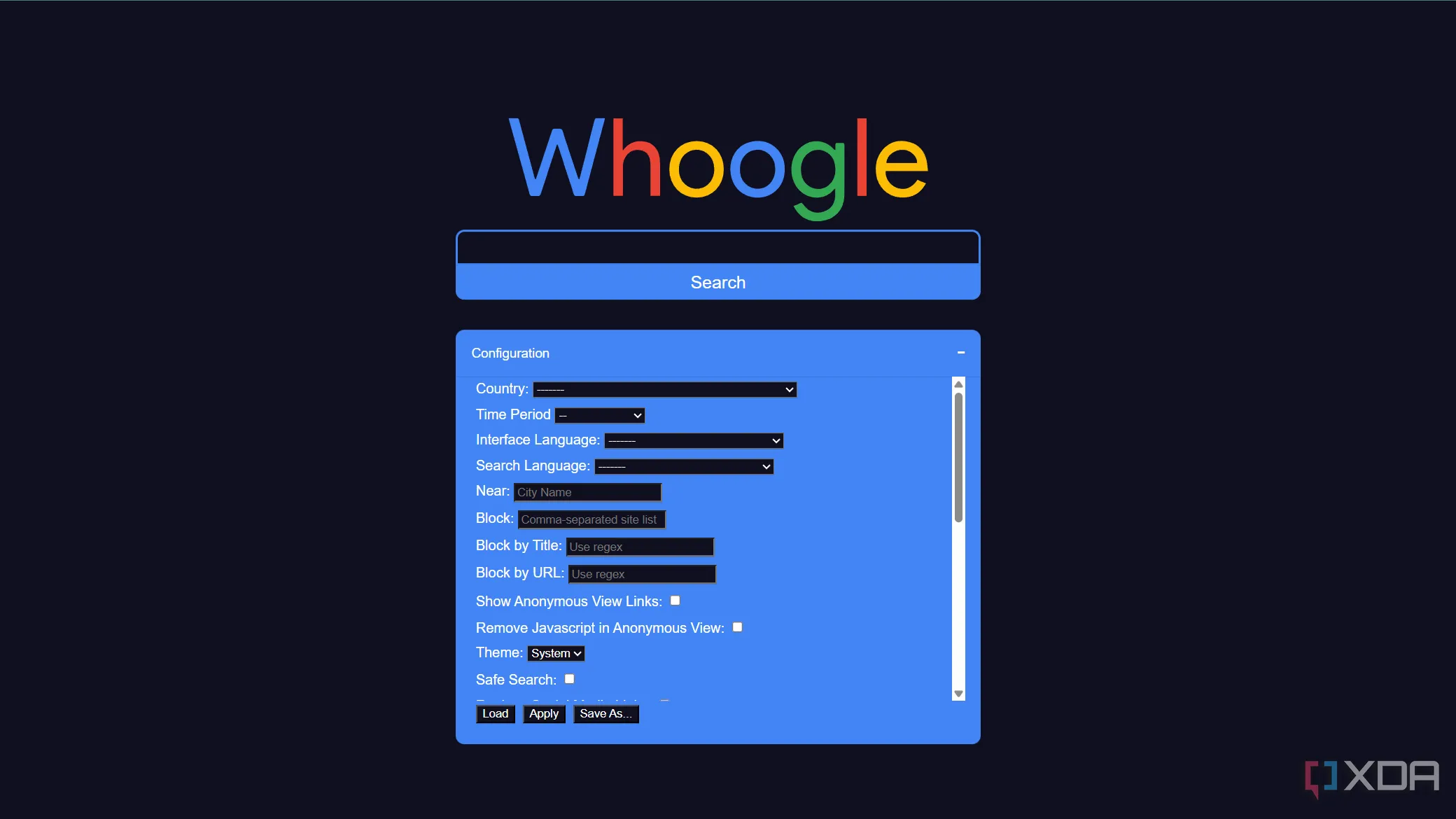Các tùy chọn cấu hình nâng cao trong Whoogle, cho phép cá nhân hóa trải nghiệm tìm kiếm