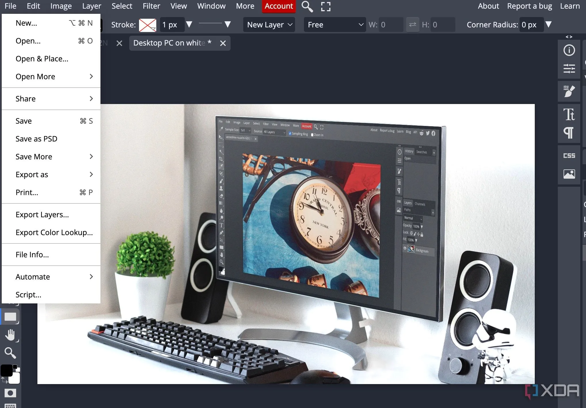 Các tùy chọn xuất file đa dạng trong Photopea, thể hiện hiệu suất xử lý mượt mà.
