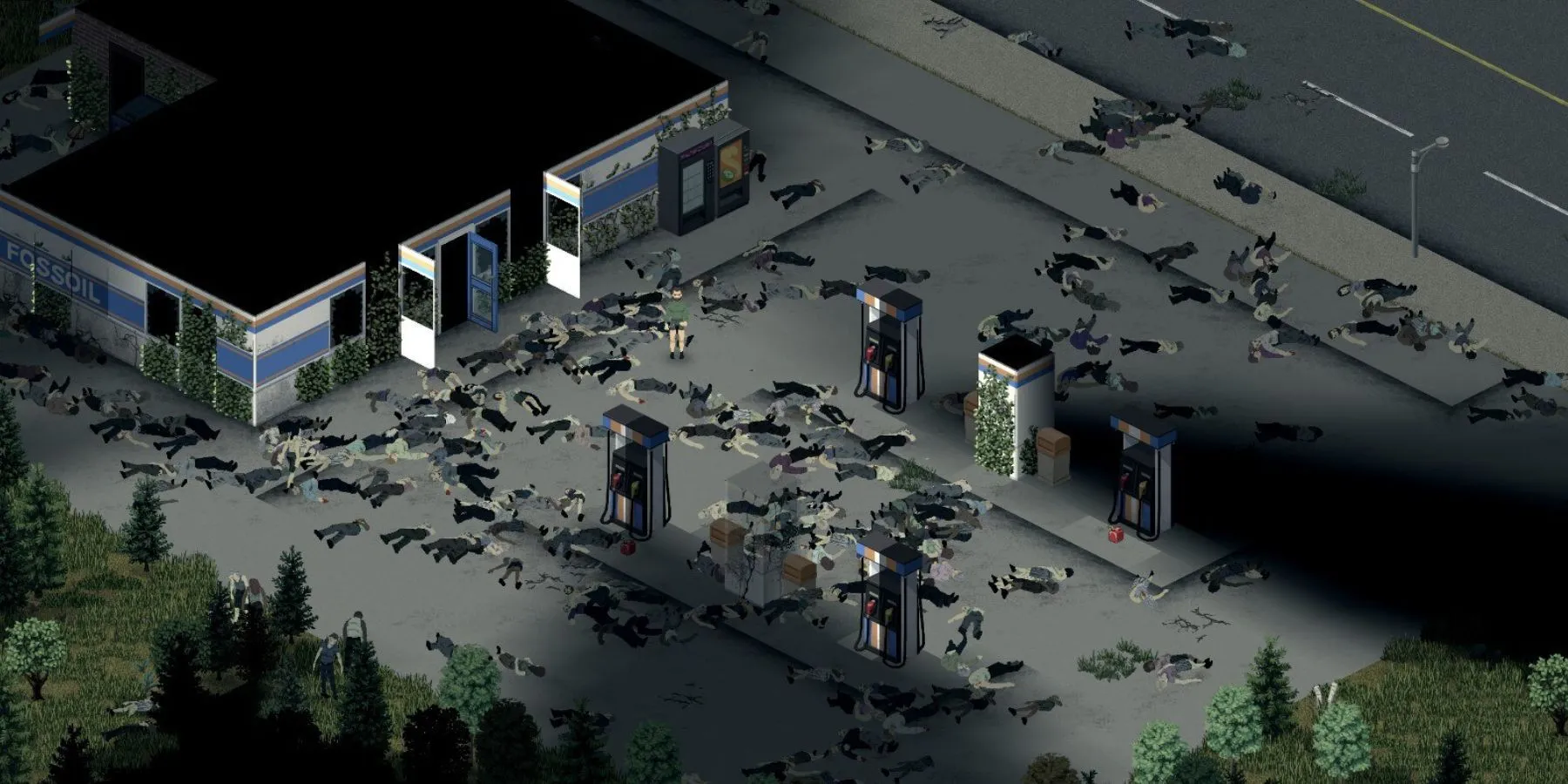 Các zombie tập trung tại trạm xăng trong Project Zomboid