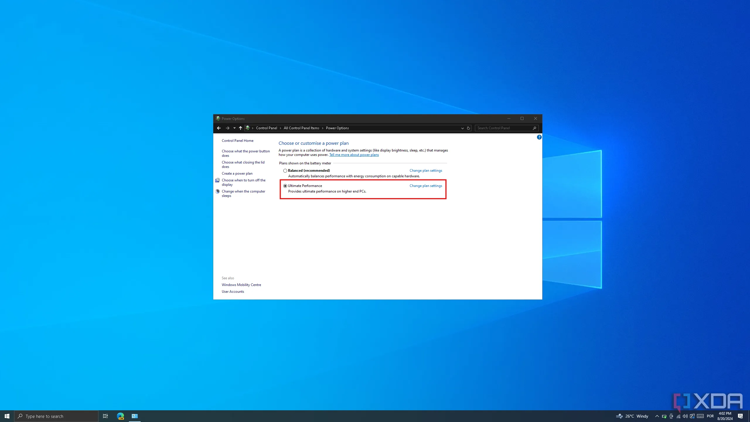 Cài đặt gói năng lượng Hiệu suất tối ưu trong Bảng điều khiển Windows