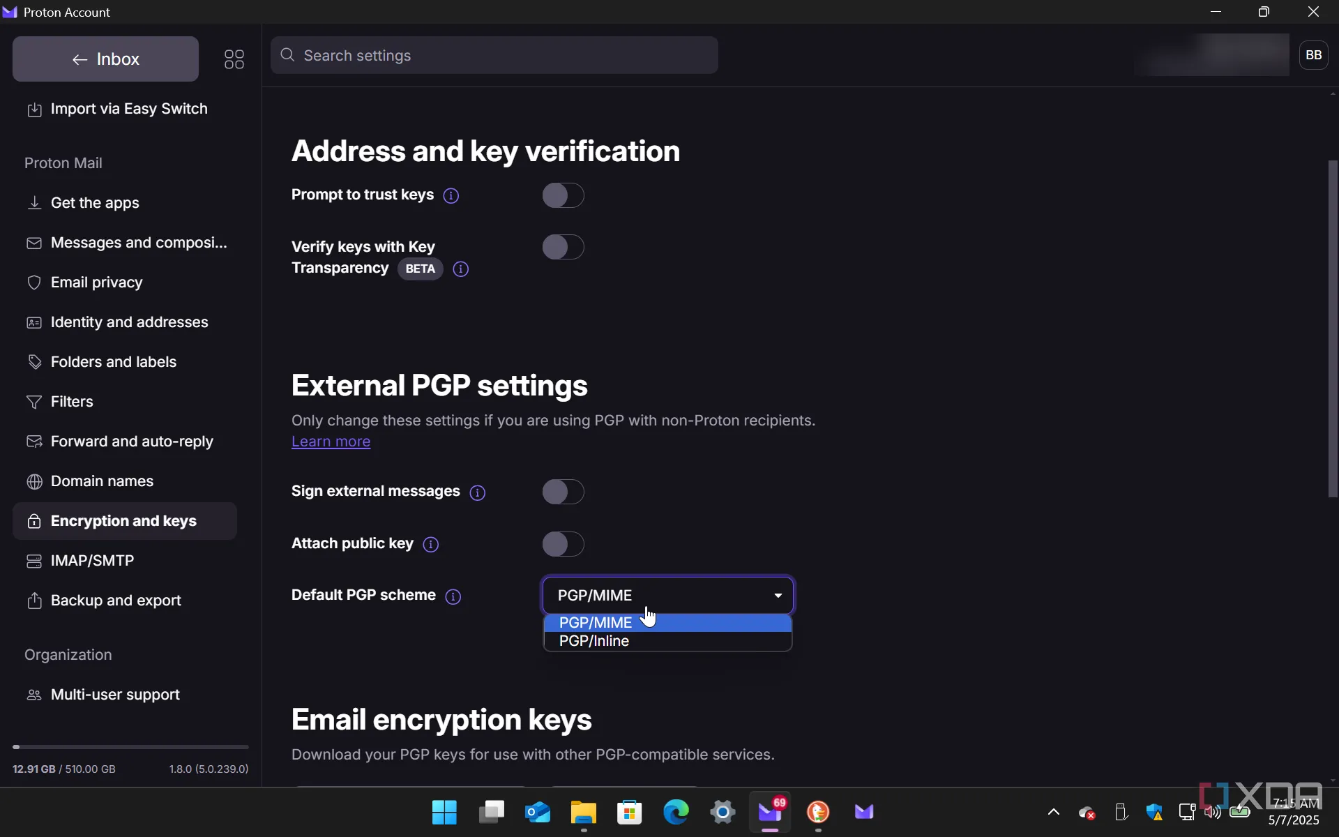 Cài đặt mã hóa và bảo mật trong ứng dụng Proton Mail trên Windows 11
