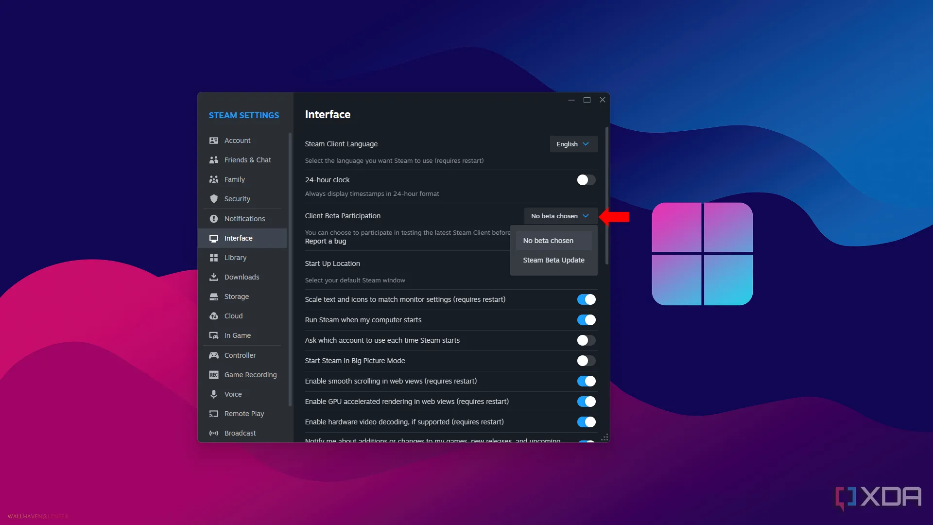 Cài đặt tham gia Steam Beta trong phần Giao diện của Steam.