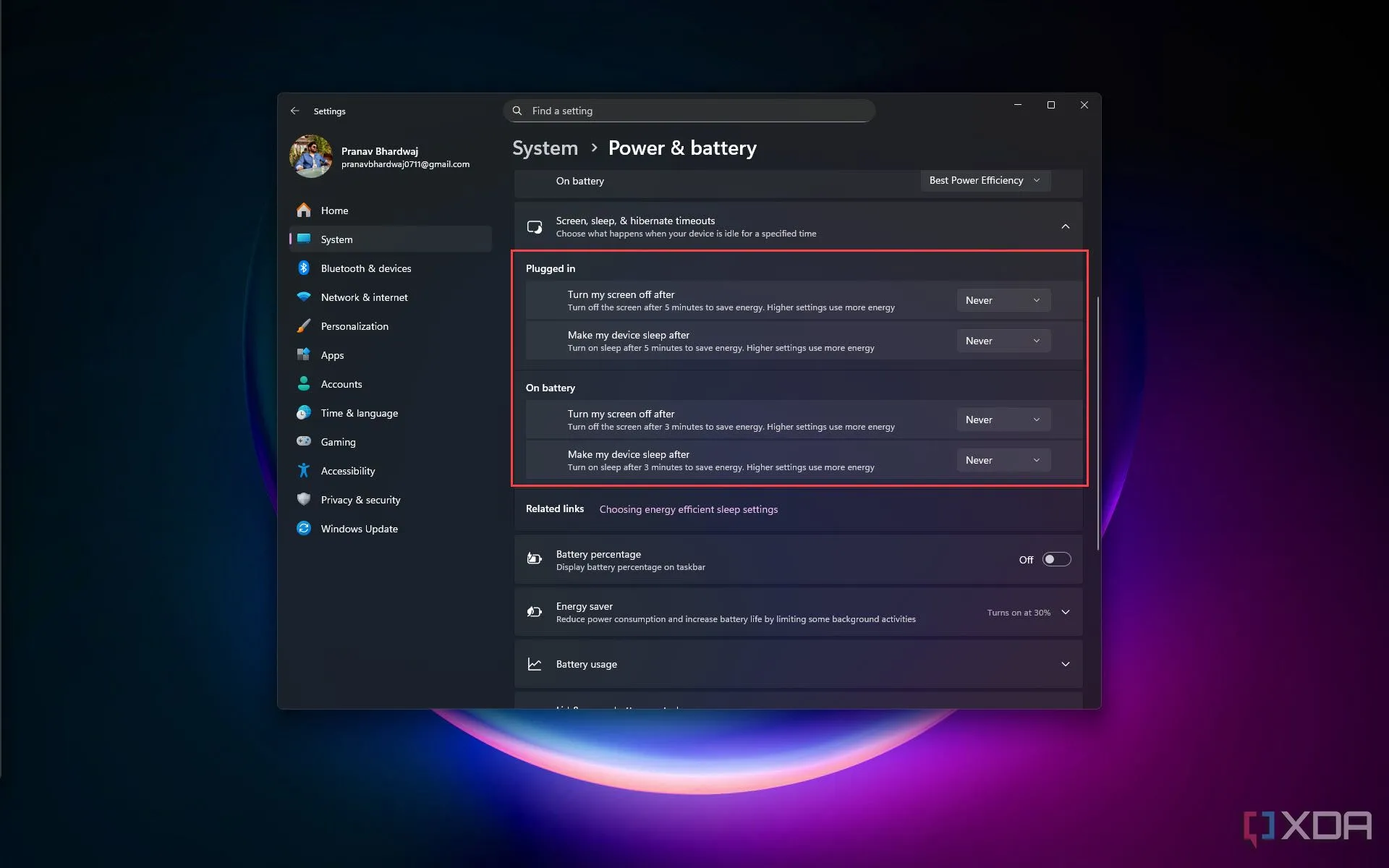 Cài đặt thời gian tắt màn hình và chế độ ngủ trong Cài đặt Nguồn &amp; Pin của Windows 11 để tiết kiệm pin