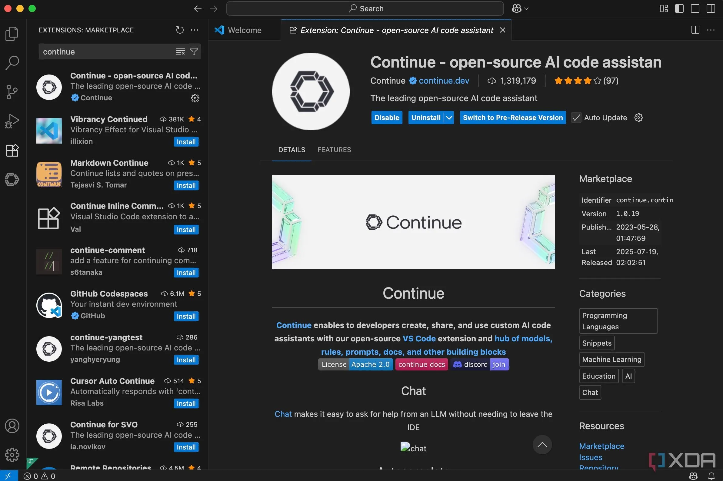 Cài đặt tiện ích Continue trong VS Code sau khi tìm kiếm, hiển thị nút Install