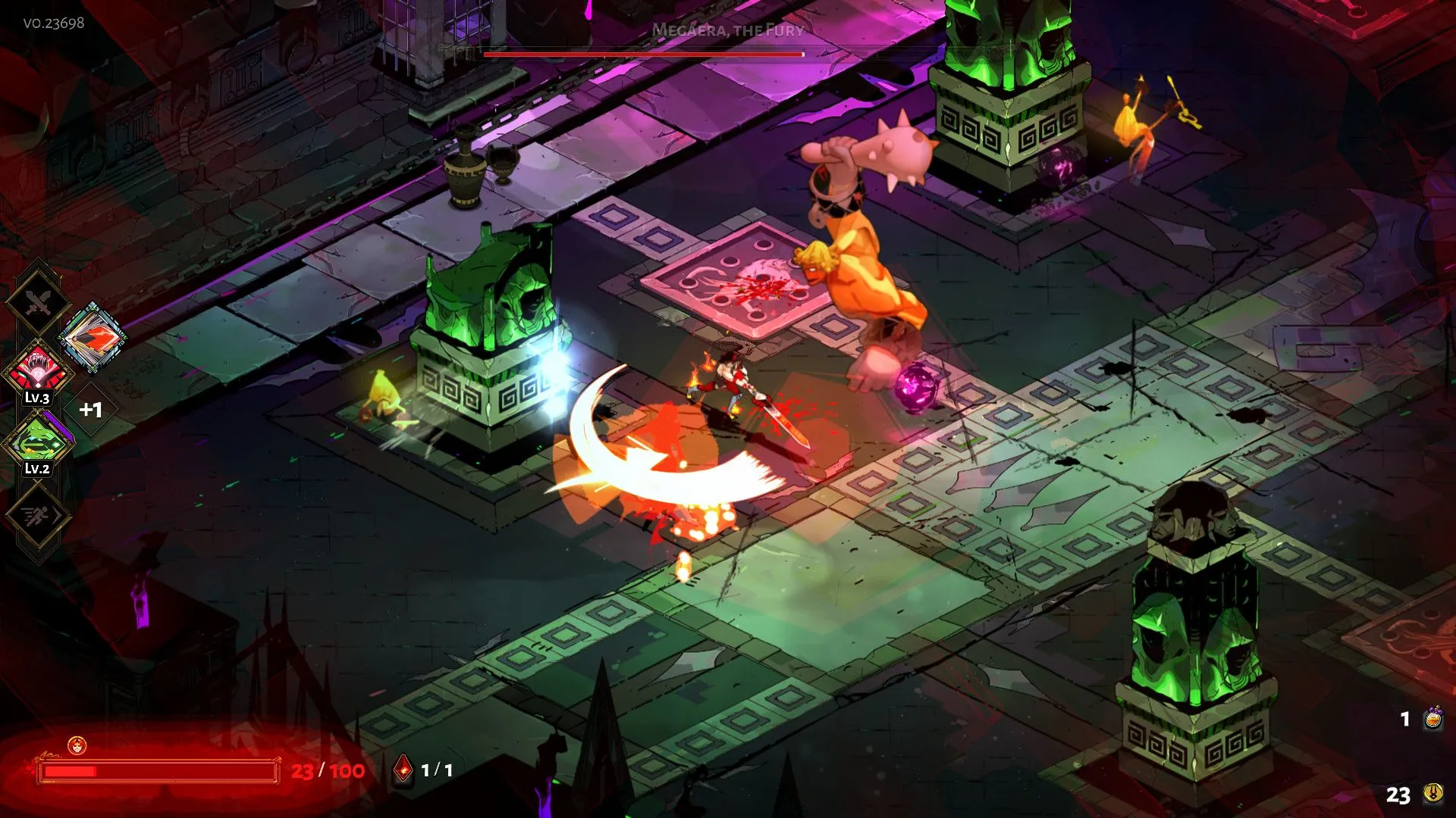 Cận cảnh nhân vật Zagreas trong game Hades tấn công quái vật.