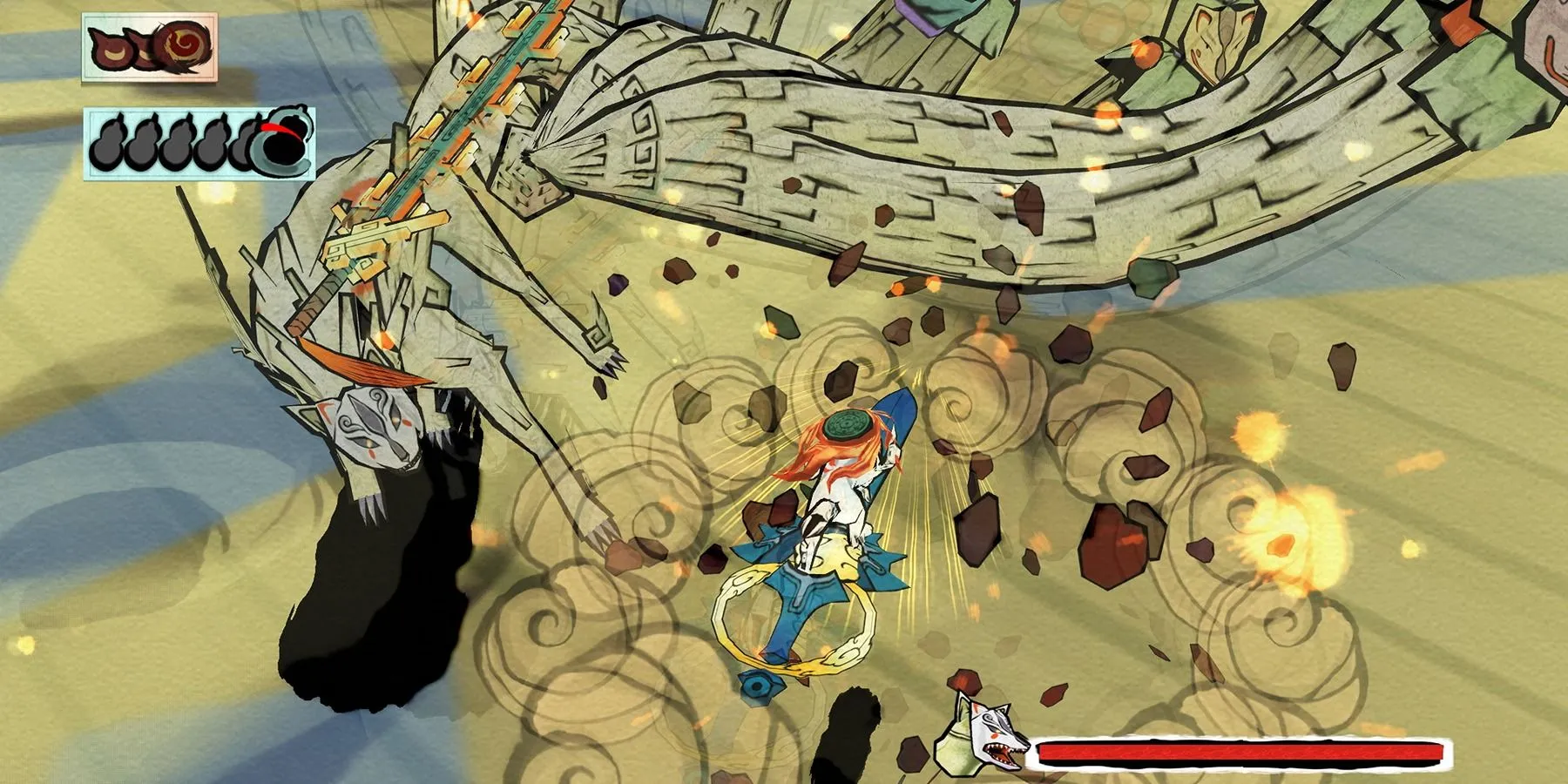 Cảnh chiến đấu đầy nghệ thuật của Amaterasu trong game Okami.