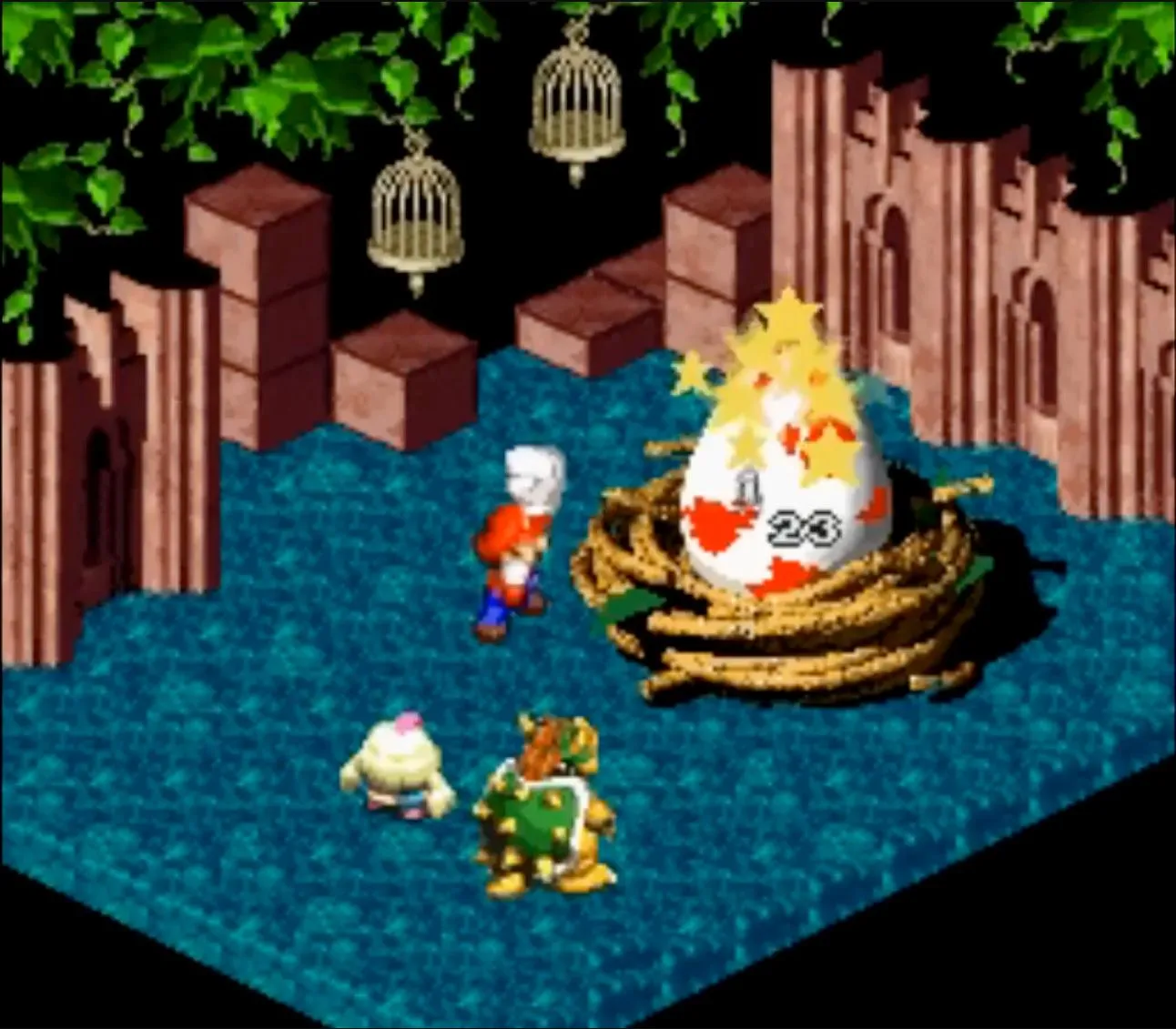 Cảnh chiến đấu theo lượt trong Super Mario RPG, game nhập vai của Mario trên SNES với đồ họa isometric