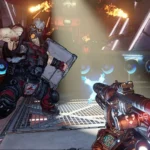Cảnh chiến đấu trong game Borderlands 3 trên Nintendo Switch 2 với hiệu ứng súng đạn và kẻ thù