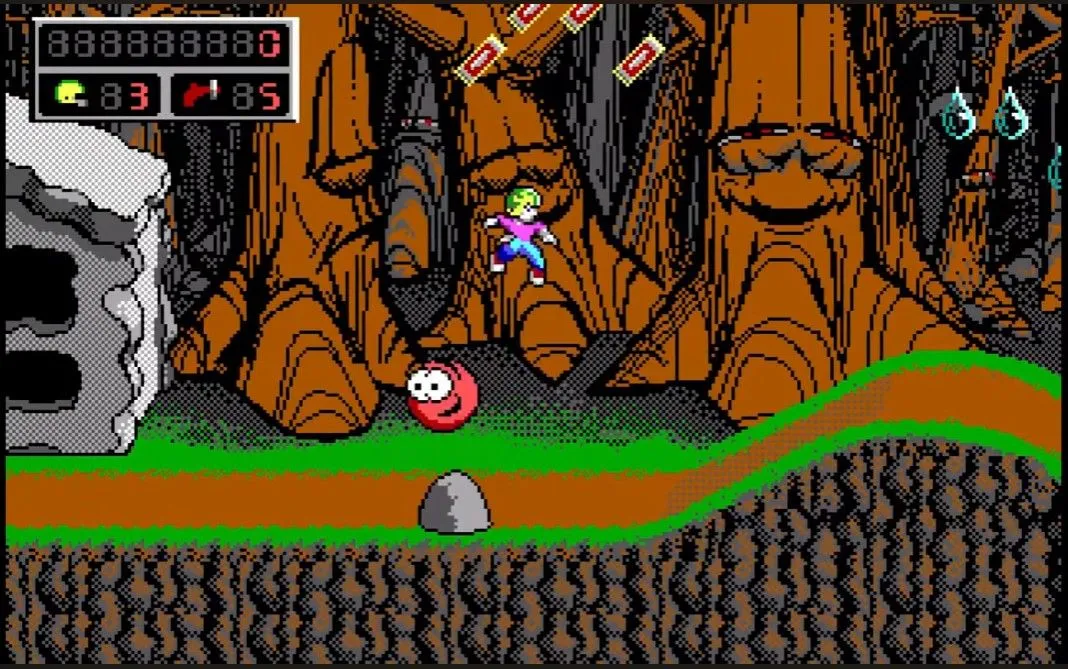 Cảnh chơi game Commander Keen 4, cho thấy màn hình đầu tiên với phong cách đồ họa pixel