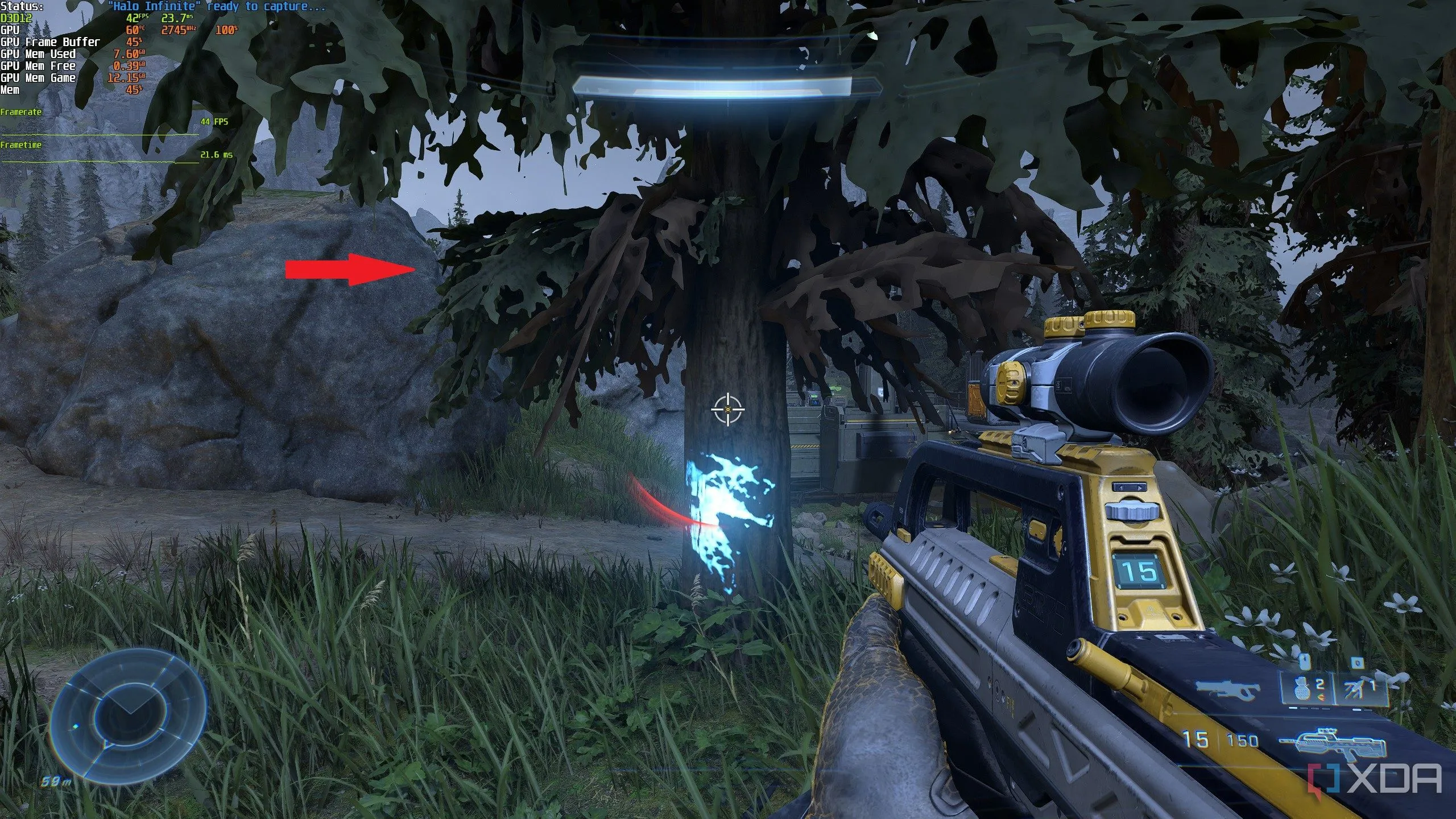 Cảnh chơi game Halo Infinite với hiện tượng texture pop-in, minh họa khi game hy sinh chất lượng hình ảnh do thiếu VRAM.